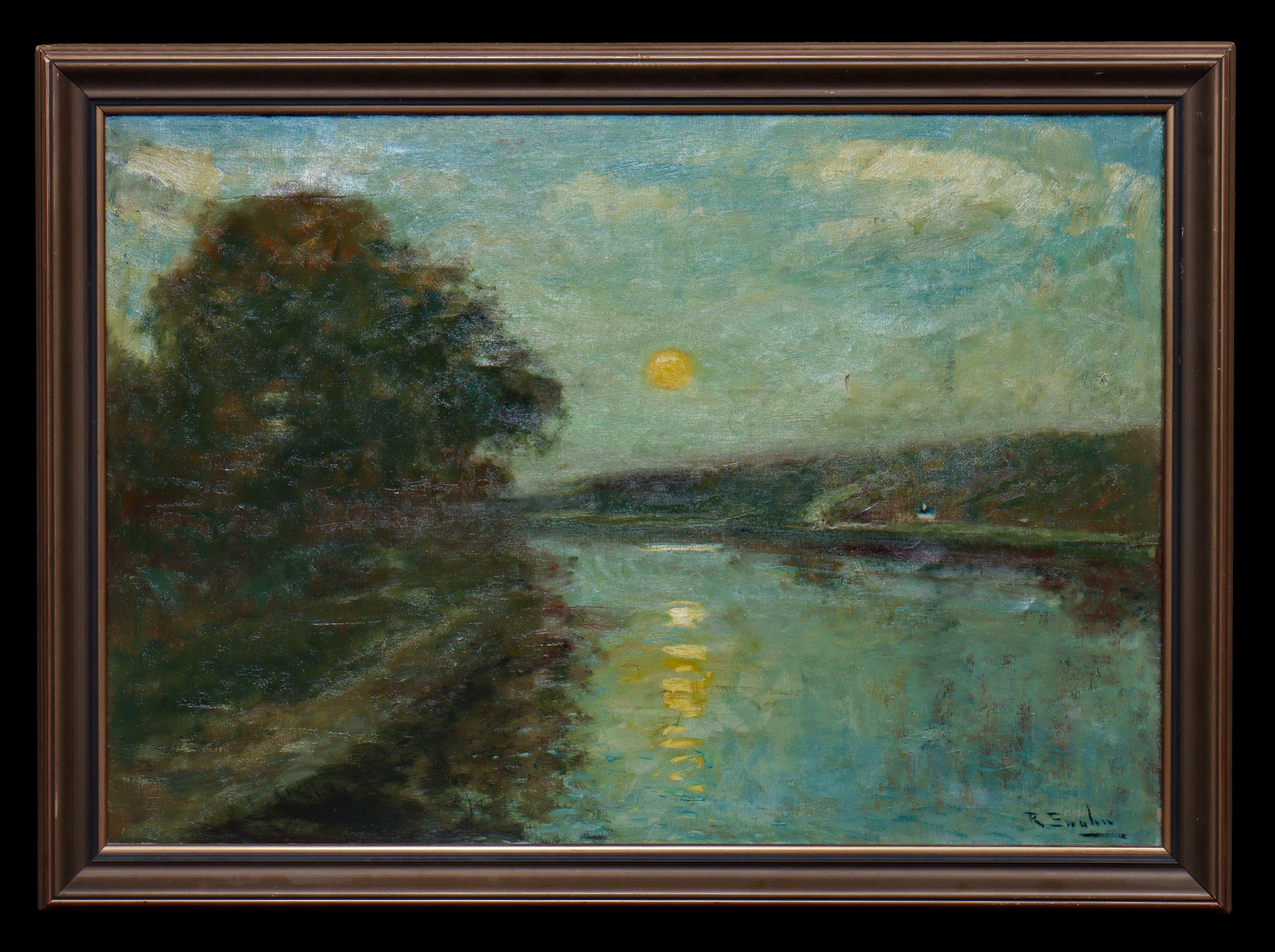 Ragnar Swahn Landscape Painting – Impressionistische Sommerlandschaft am Fluss in der Abenddämmerung, signiertes Ölgemälde auf Leinwand