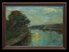 Impressionist Summer River Landscape at Dusk, Signed Oil on Canvas