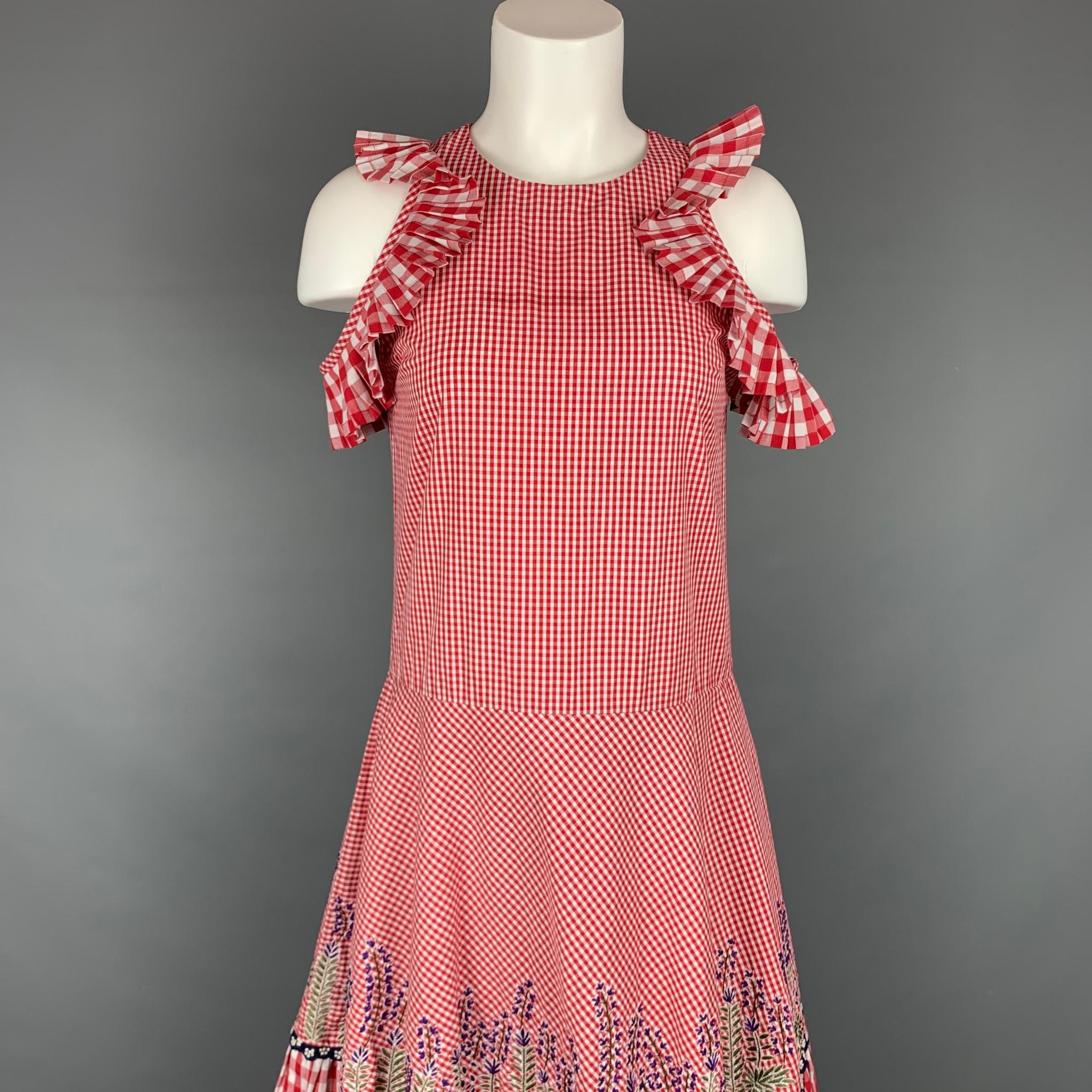 RAHUL MISHRA 2017 dress comes in a red & white gingham material with embroidered details featuring pleated ruffles, sleeveless, and a back zipper closure.

Very Good Pre-Owned Condition. Minor discoloration at front.
Marked: XS
Original Retail