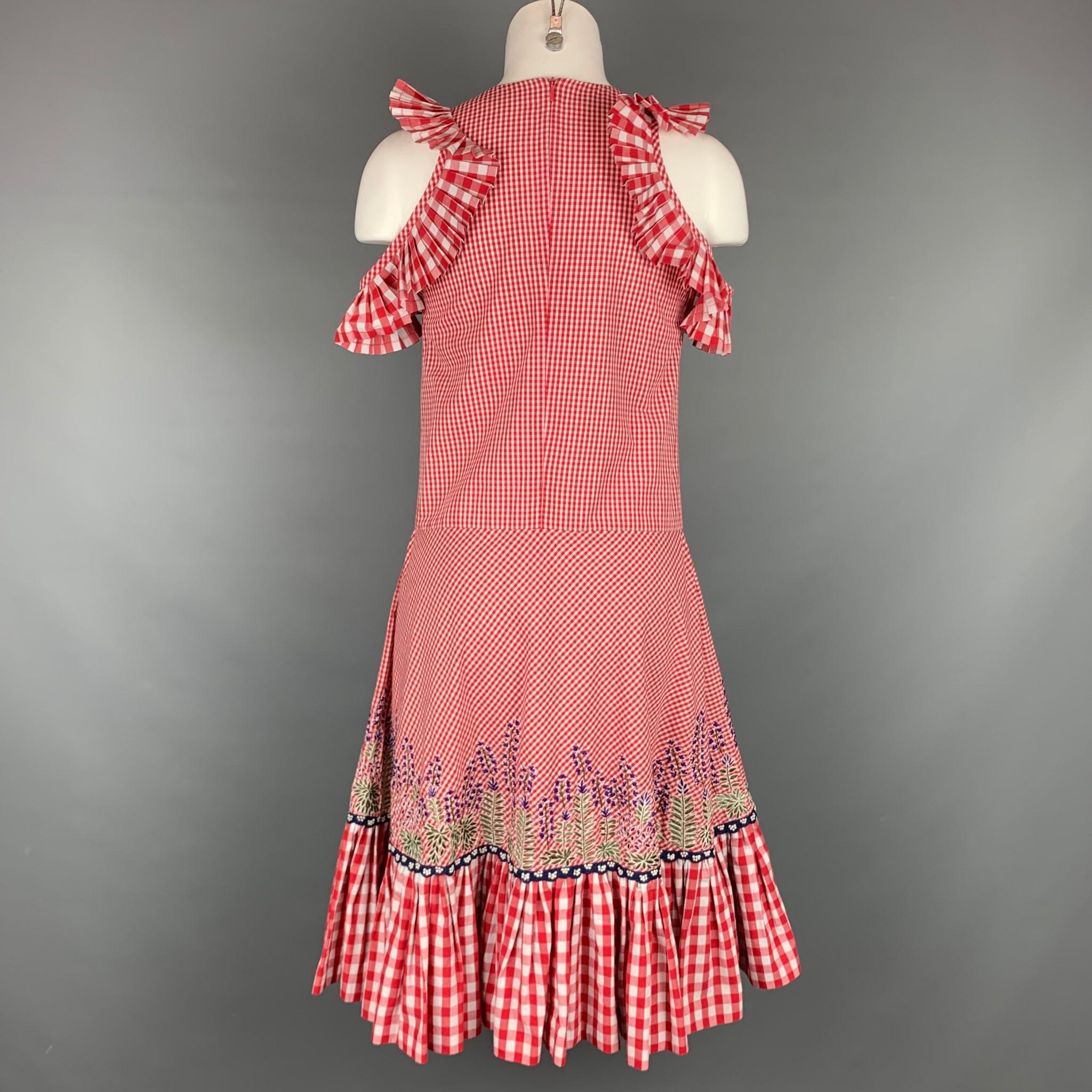 RAHUL MISHRA 2017 Size XS Red & White Gingham Embroidered Pleated Ruffle Dress In Good Condition In San Francisco, CA
