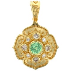 Raible 18 Karat Flower Pendant with Green Garnet, White and Champagne Diamonds