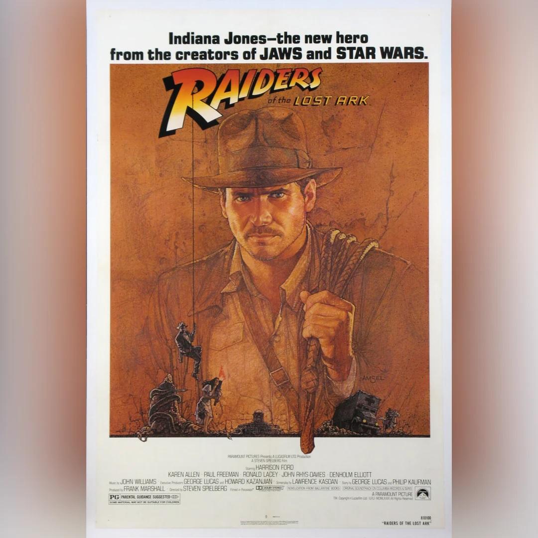 Raiders Of The Lost Ark (1981)
Original US One Sheet (27 x 41 Zoll)

Kunstwerke von Richard Amsel. Der am 12. Juni 1981 veröffentlichte Film Raiders of the Lost Ark war der erfolgreichste Film des Jahres und ist bis heute einer der erfolgreichsten