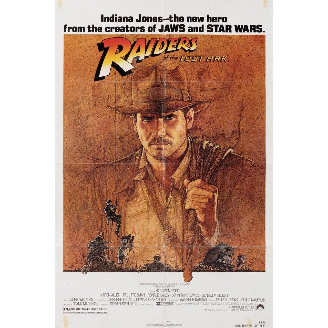 Original 1981 U.S. one sheet poster by Richard Amsel for the film Raiders of the Lost Ark directed by Steven Spielberg with Harrison Ford / Karen Allen / Paul Freeman / Ronald Lacey. Very Good-Fine condition, folded with tape stains in corners. Many
