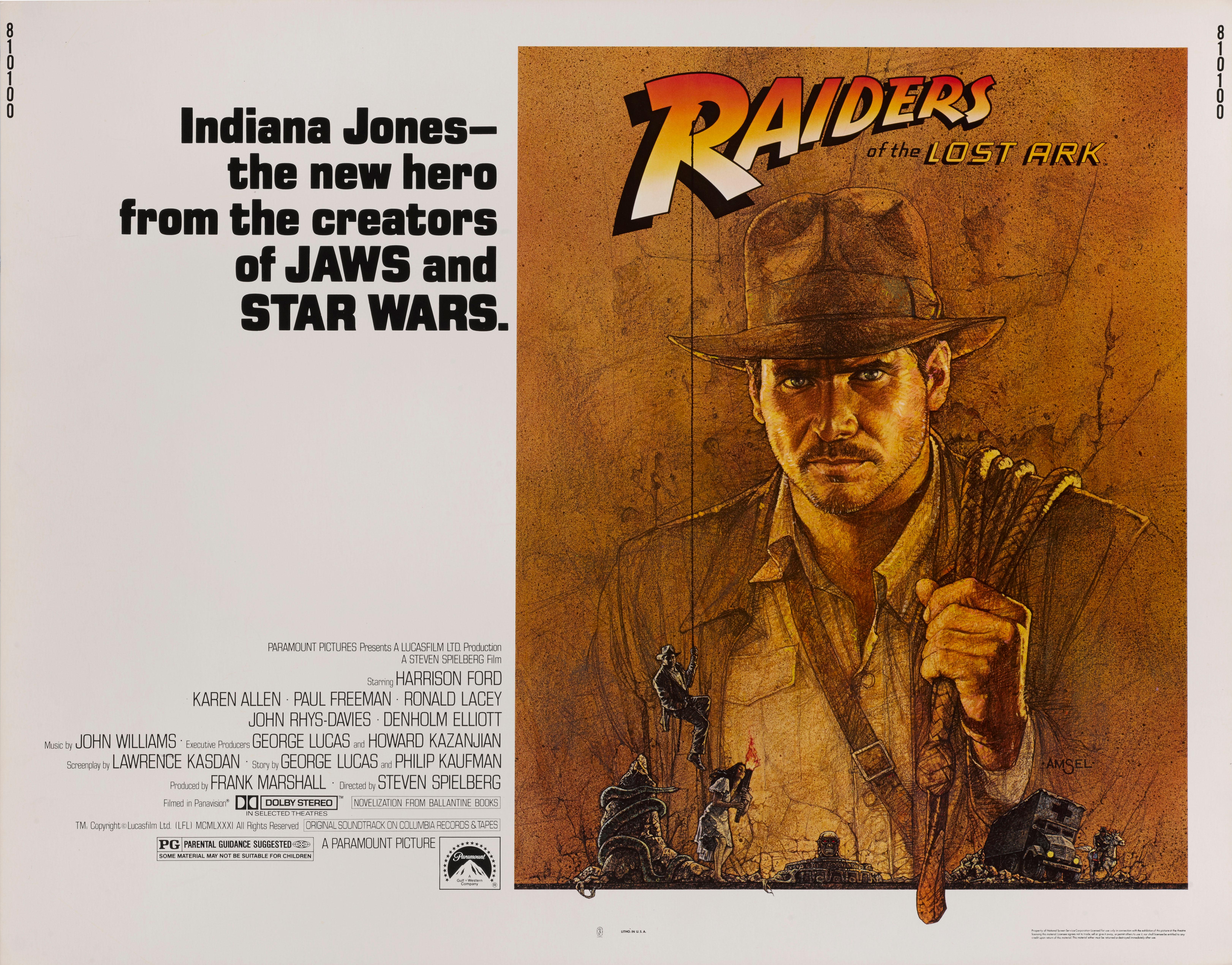 Original American movie poster for Steven Spielberg's 1981 Blockbuster adventure film starring Harrison Ford. The artwork is by Richard Amsel (1947-1985).