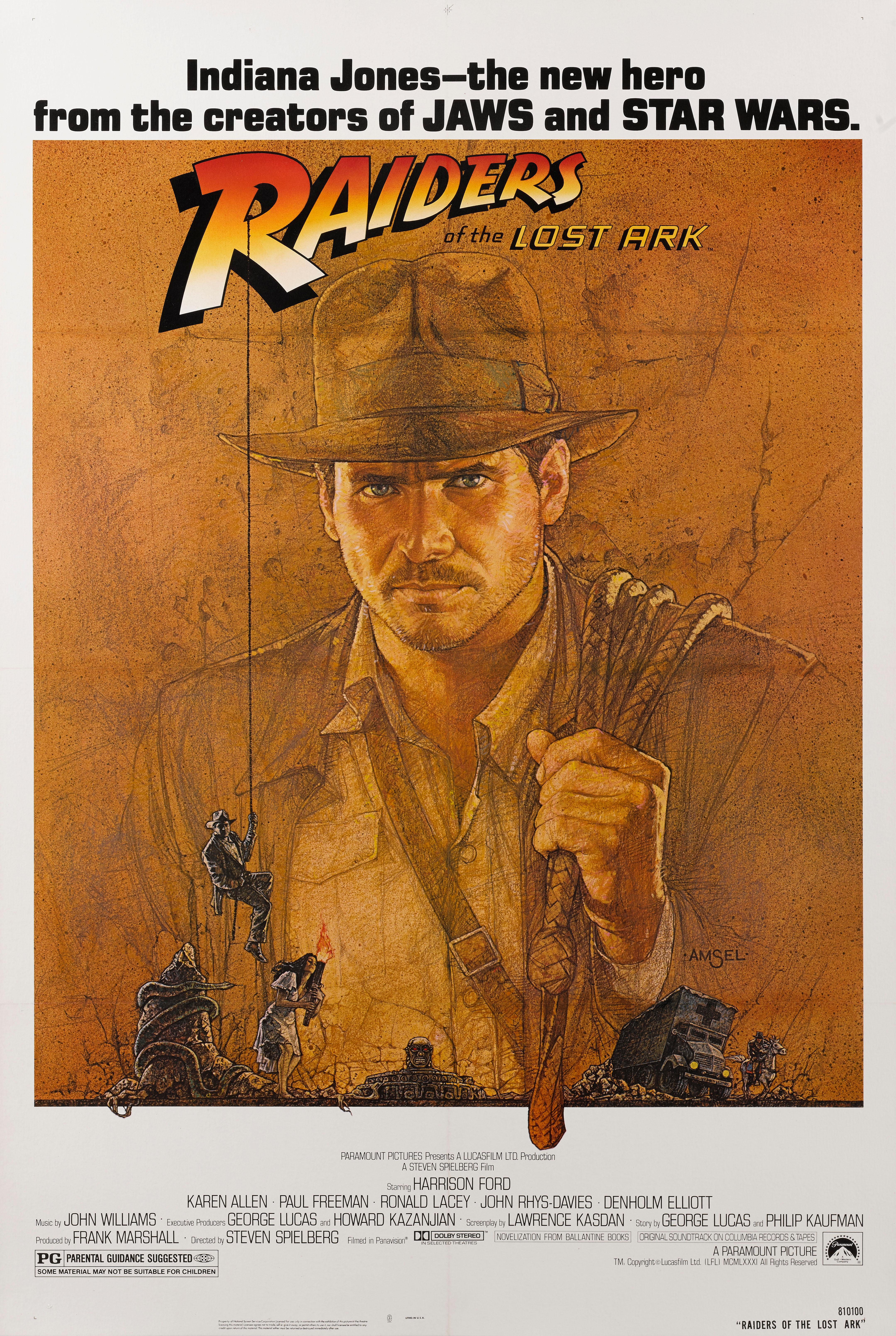 Original American movie poster for Steven Spielberg's 1981 blockbuster adventure film starring Harrison Ford. The artwork is by Richard Amsel (1947-1985).
This poster is conservation linen backed and would be sent out rolled in a strong tube.