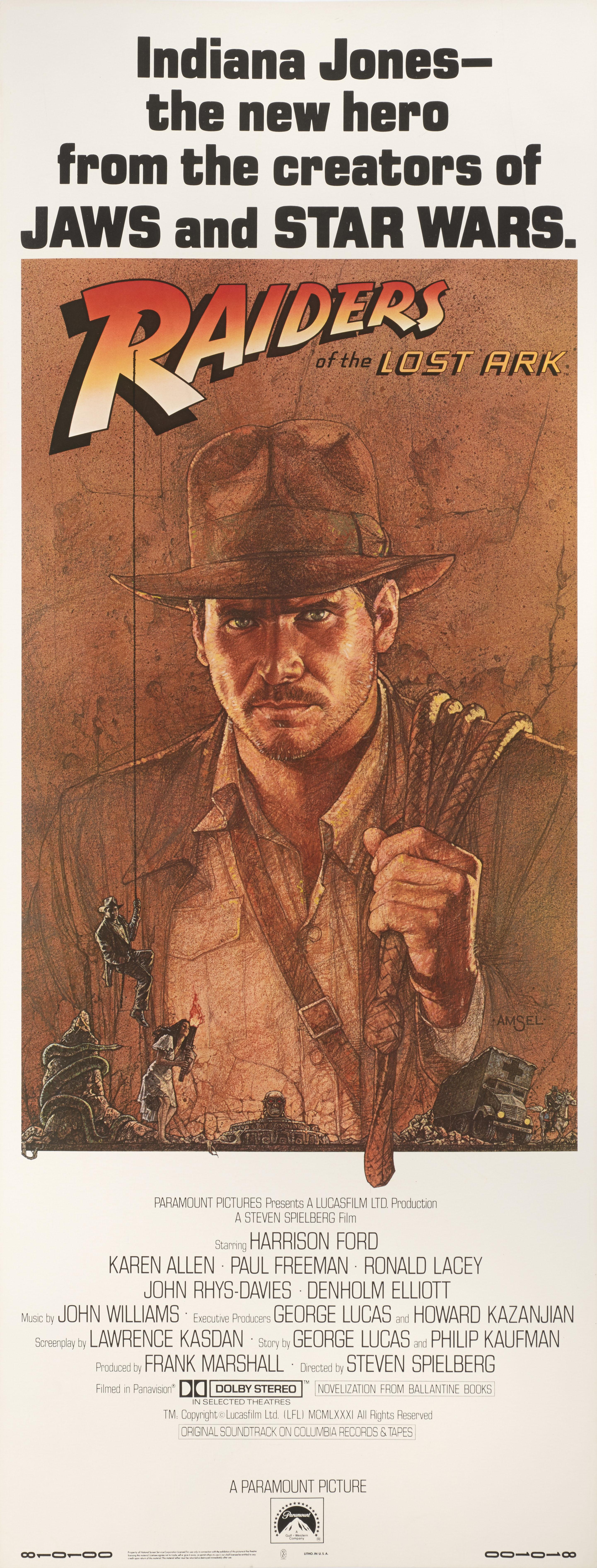 Original American film poster for Steven Spielberg's 1981 blockbuster adventure film starring Harrison Ford. The artwork is by Richard Amsel (1947-1985).
This poster is unfolded and  conservation paper backed and would be sent out in a very strong