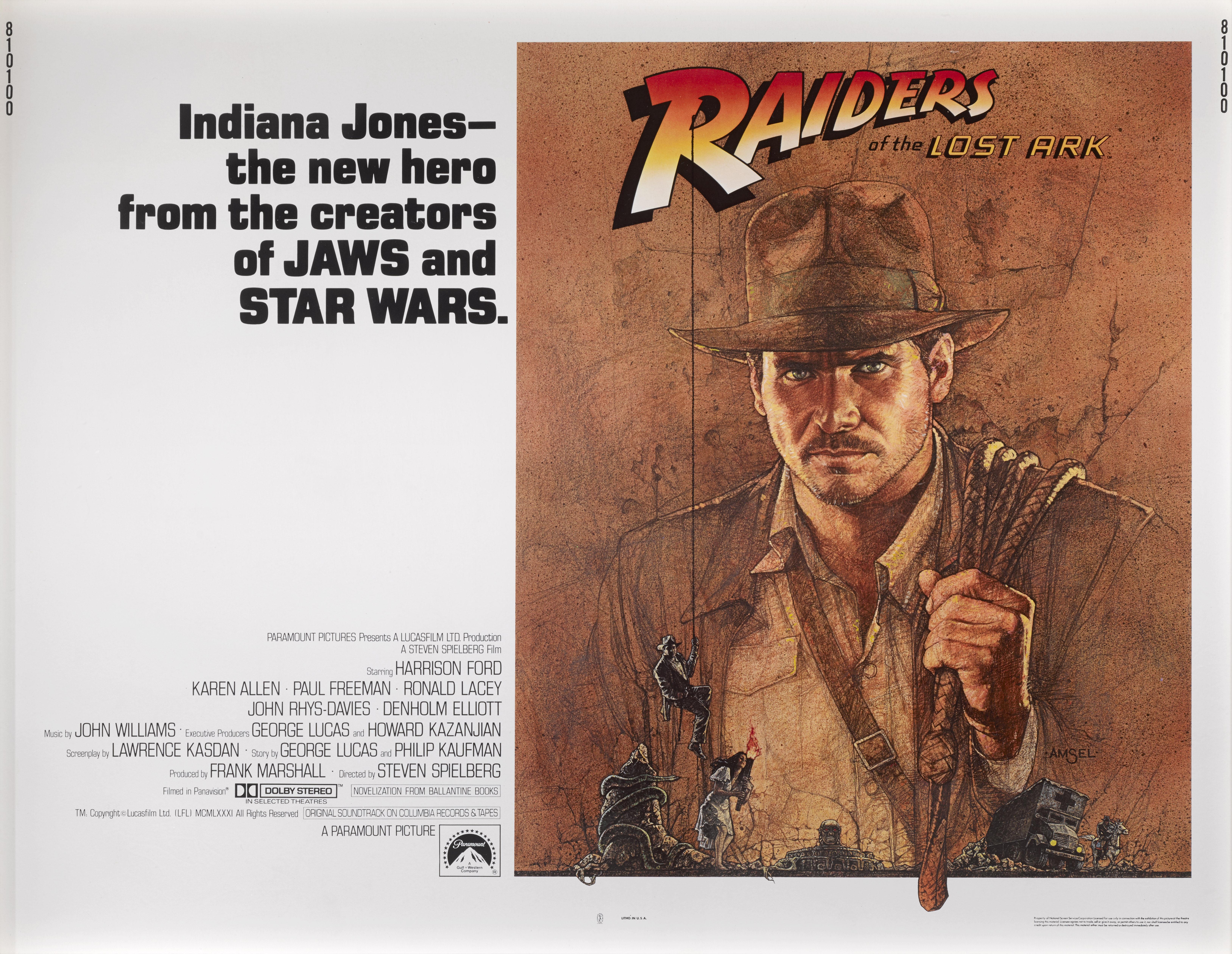 Original US-Filmplakat für Steven Spielbergs Blockbuster-Abenteuerfilm von 1981 mit Harrison Ford in der Hauptrolle. Das Kunstwerk stammt von Richard Amsel (1947-1985).
Dieses Plakat ist in der Nähe von neuwertigen Zustand ist es Erhaltung Papier