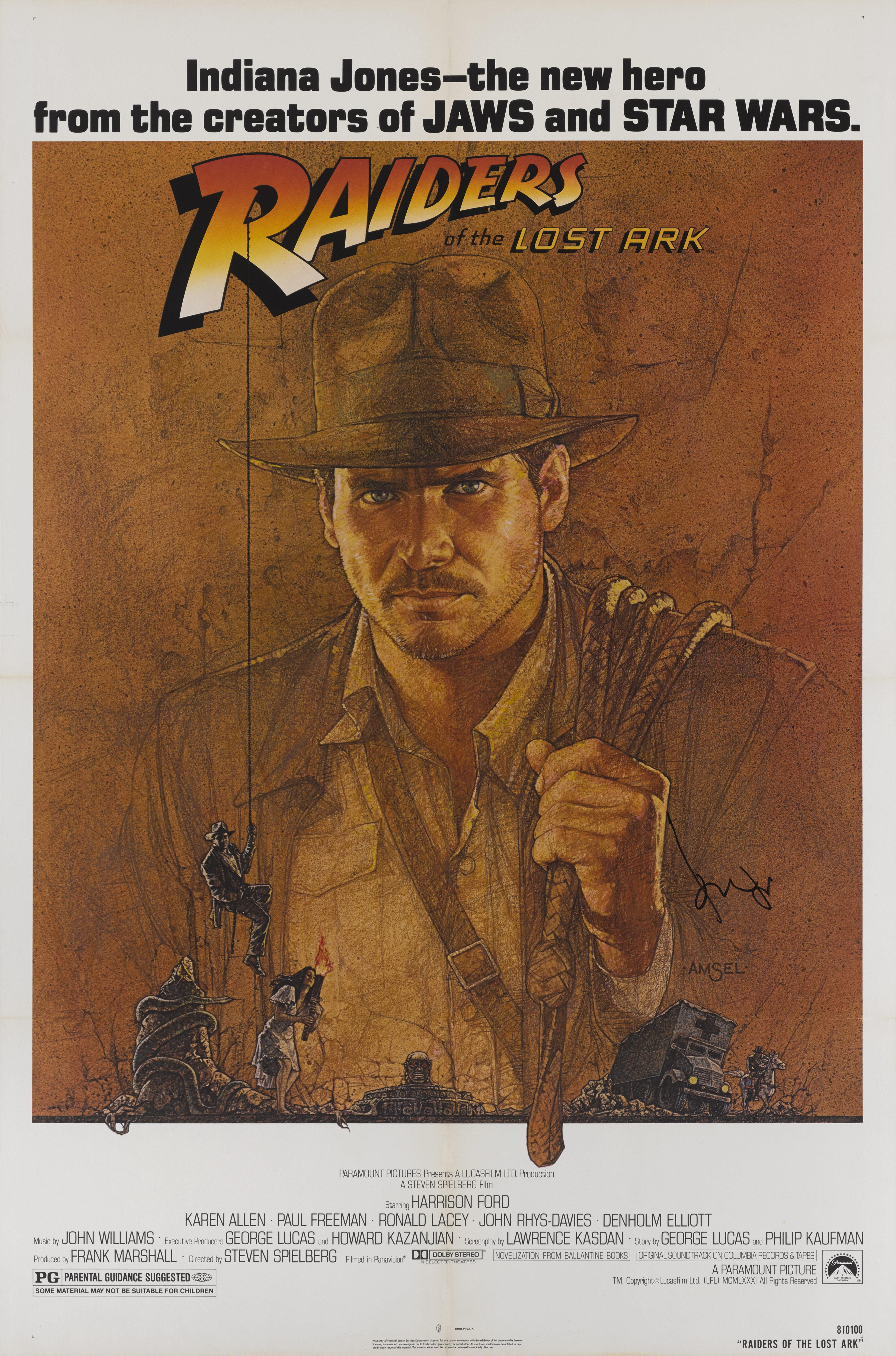 Originales amerikanisches Filmplakat für Steven Spielbergs Blockbuster-Abenteuerfilm von 1981 mit Harrison Ford in der Hauptrolle. Das Kunstwerk stammt von Richard Amsel (1947-1985).
Dieses Plakat ist die Erhaltung Leinen zurück und würde aus