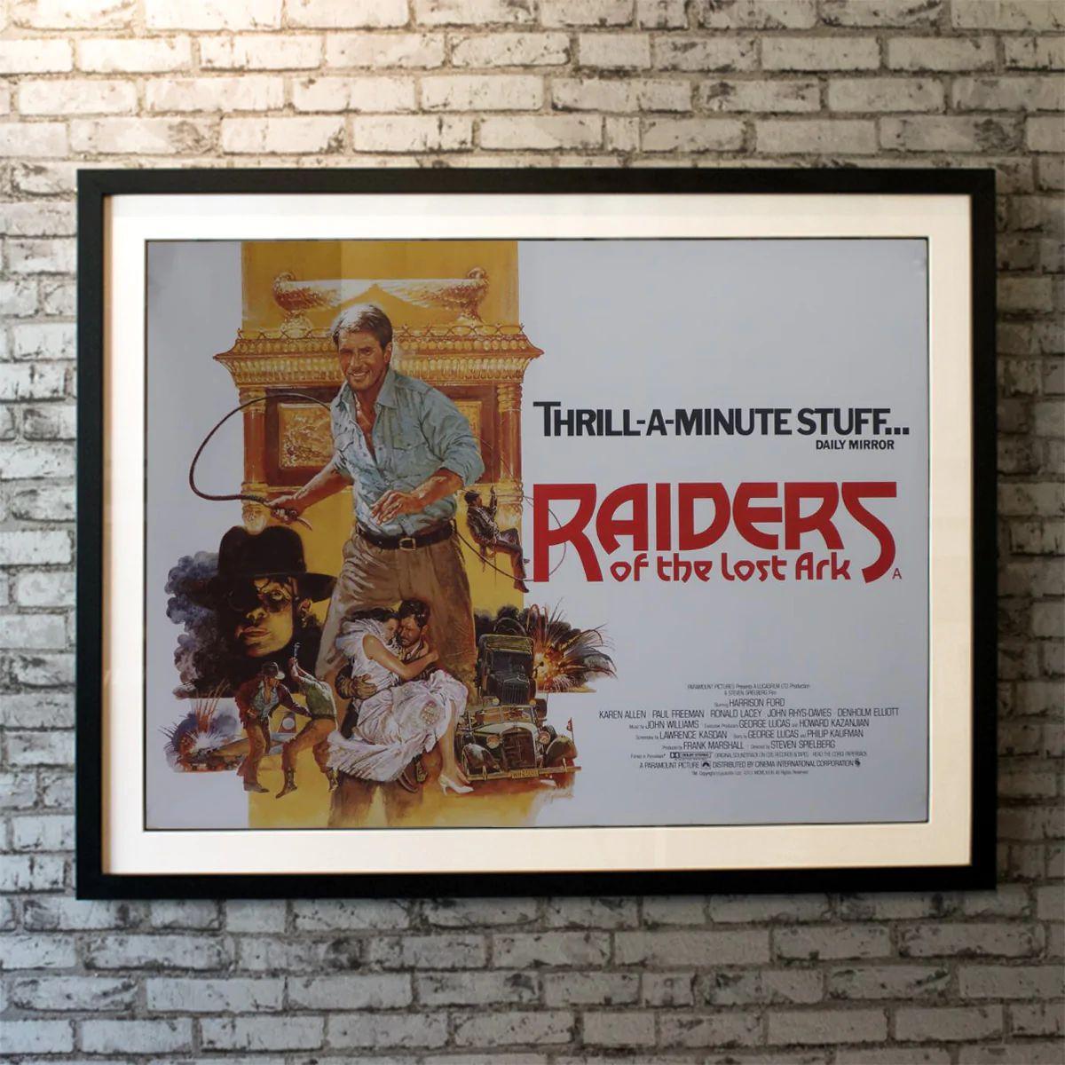 Raiders of The Lost Ark, Unframed Poster, 1981

Original British Quad (30 X 40 Inches). Archaeology professor Indiana Jones ventures to seize a biblical artefact known as the Ark of the Covenant. While doing so, he puts up a fight against Renee and