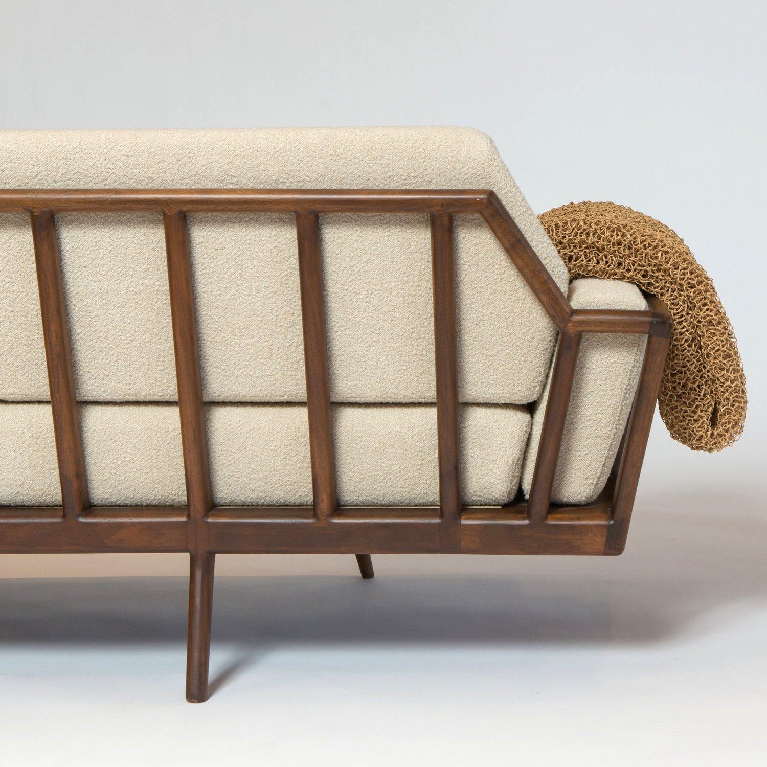 Mid-Century Modern Rail Back Sofa with Cream Cushions by Mel Smilow