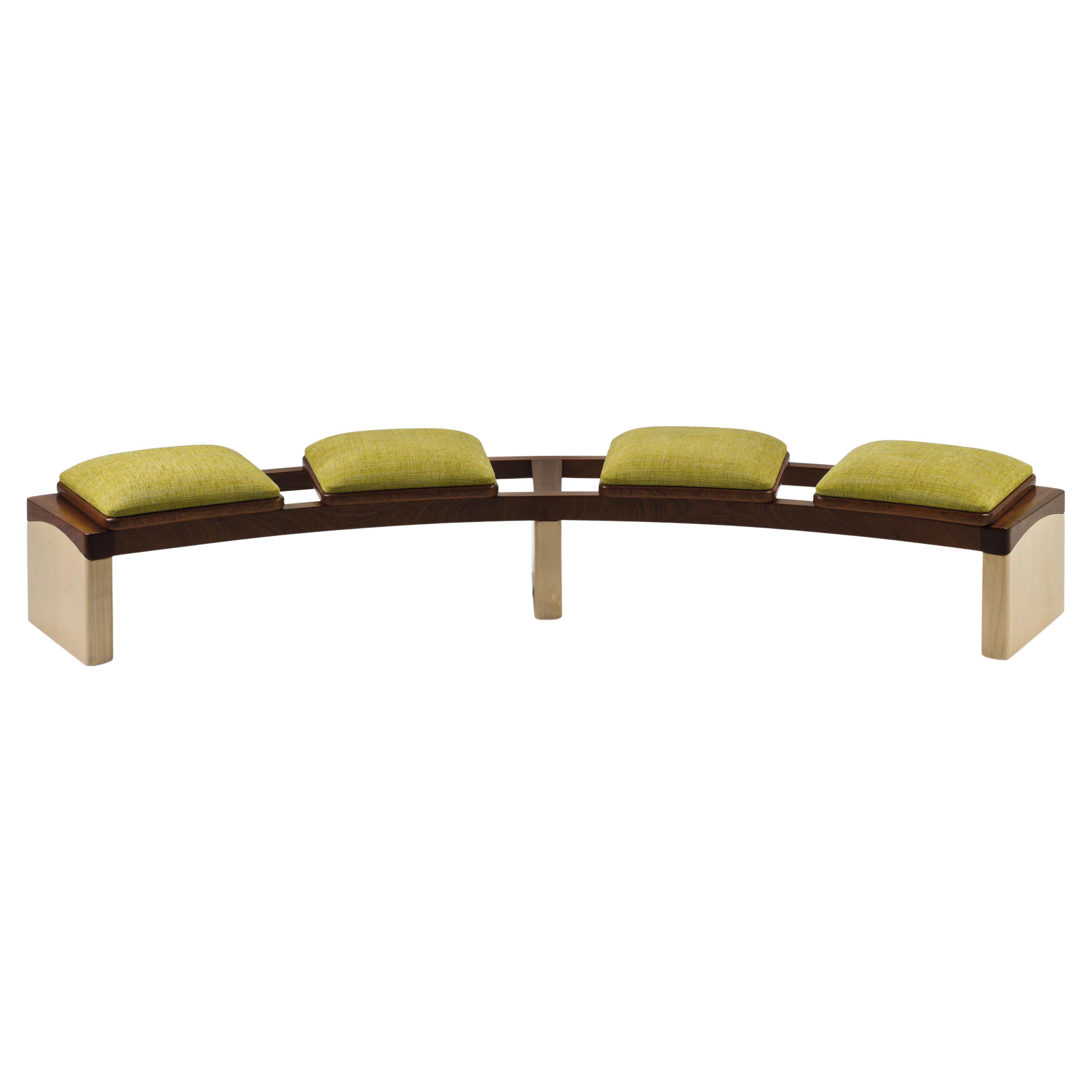 Rail Semi-circular Bench in Mahogany and Maple Wood with Padded Seat For Sale