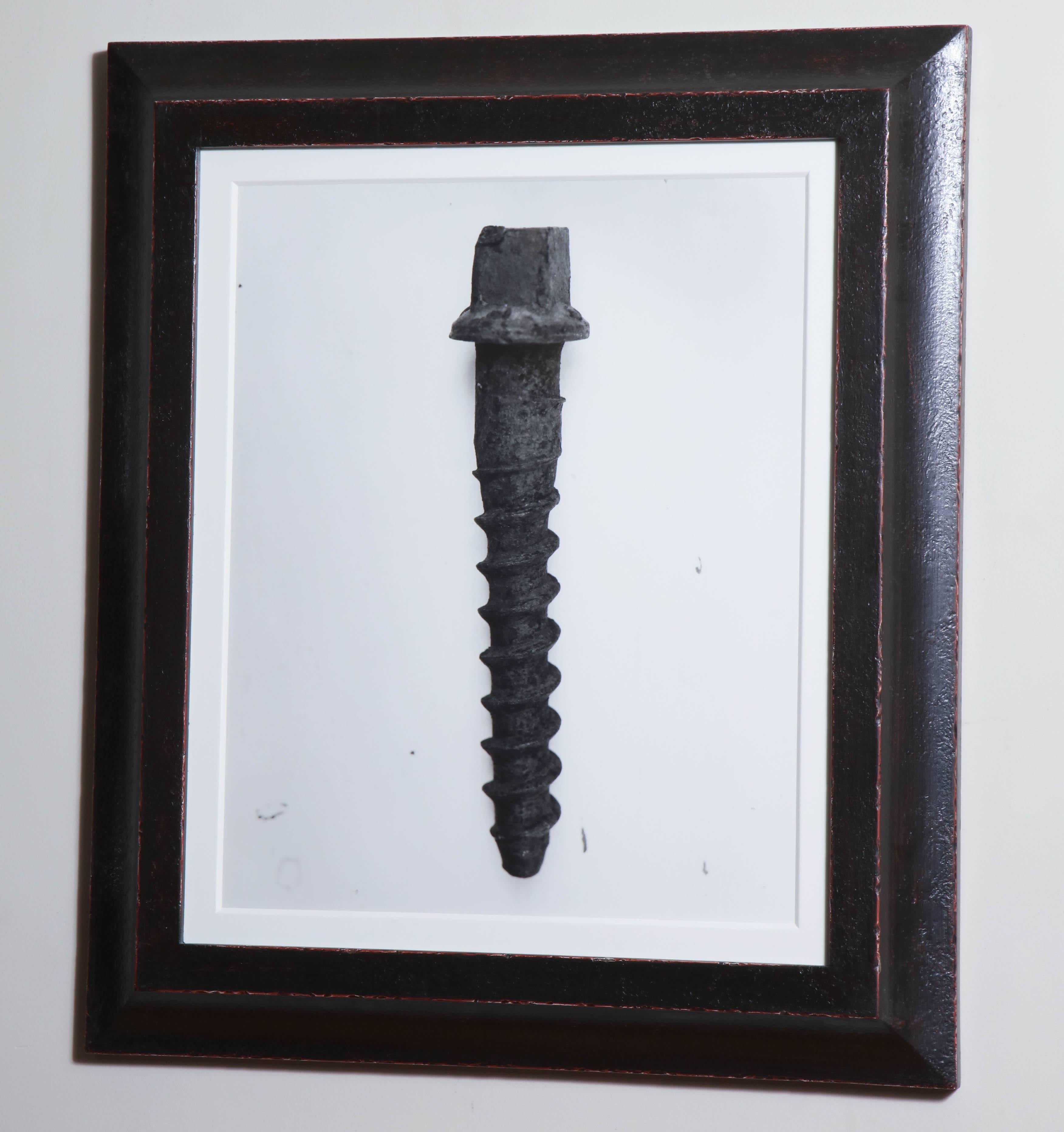 Railroad screw, 2010
Silver gelatin print, ed. 5/25
Framed in a heavily distressed Japan black and ebonized pyramid frame.
  