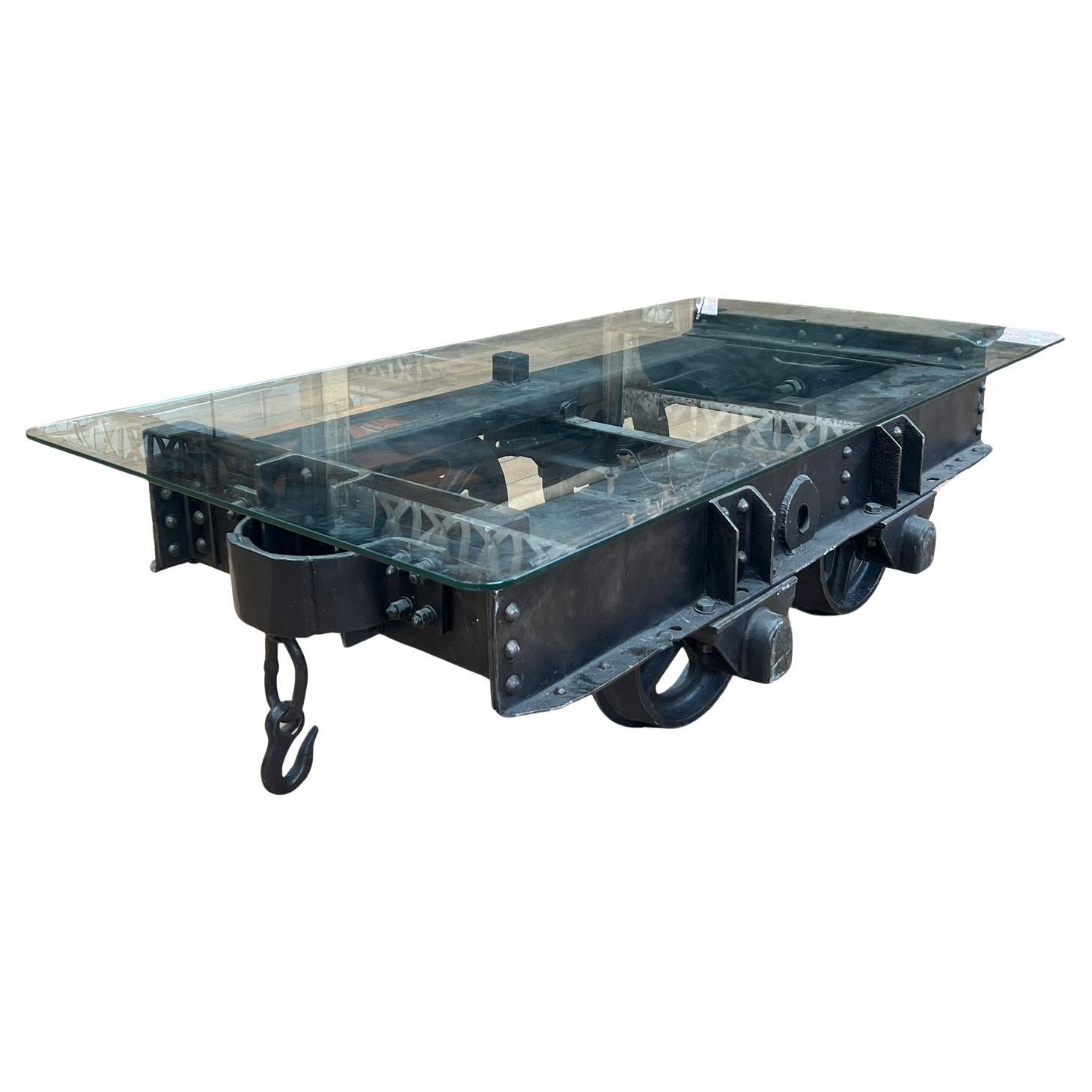 Railway Wagon Chassis Coffee Table with Glass Top For Sale