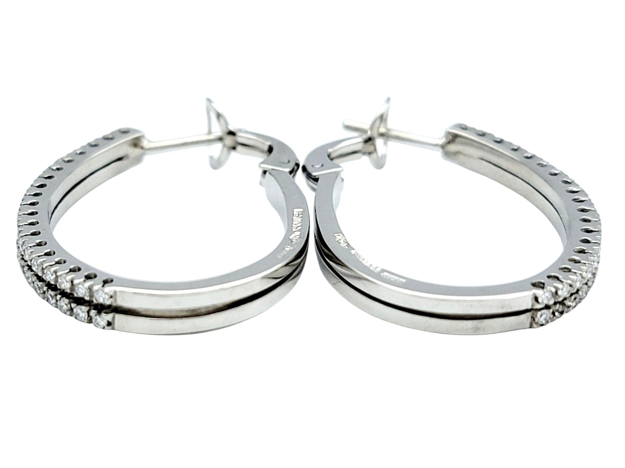 Round Cut Raima Round Diamond Double Column Oval Hoop Earrings Set in 18 Karat White Gold For Sale