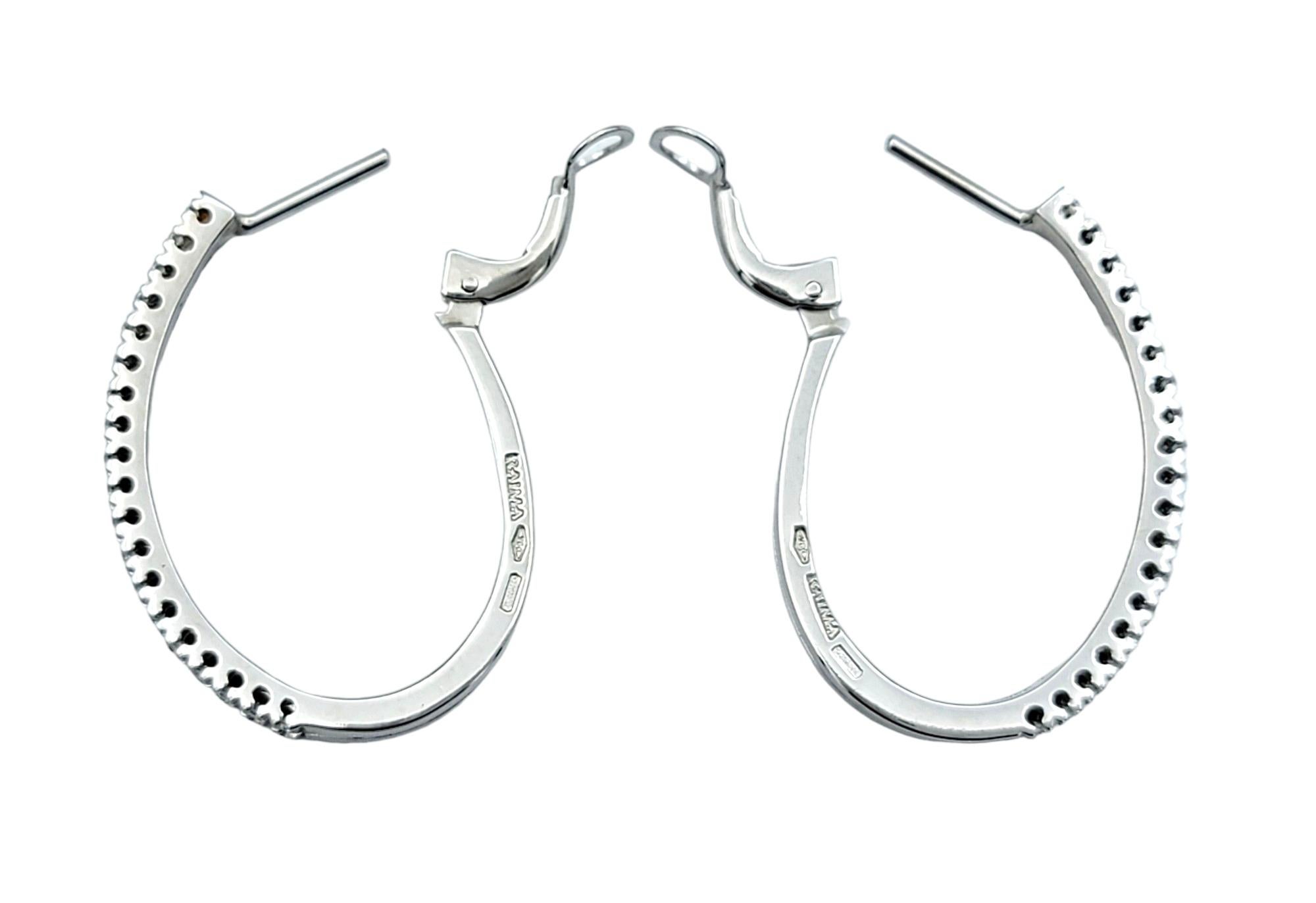 Women's Raima Round Diamond Double Column Oval Hoop Earrings Set in 18 Karat White Gold For Sale