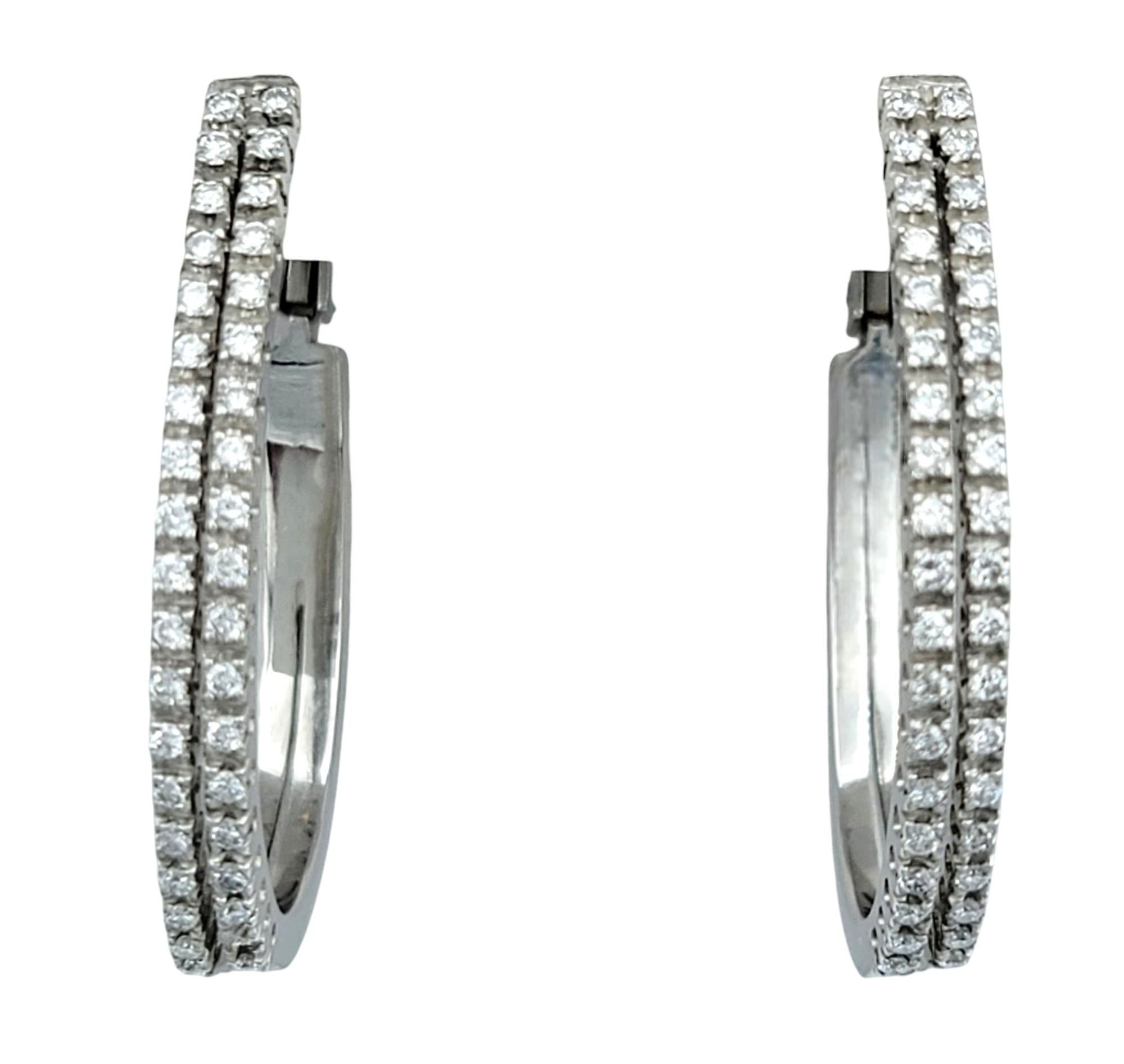 Raima Round Diamond Double Column Oval Hoop Earrings Set in 18 Karat White Gold For Sale 2
