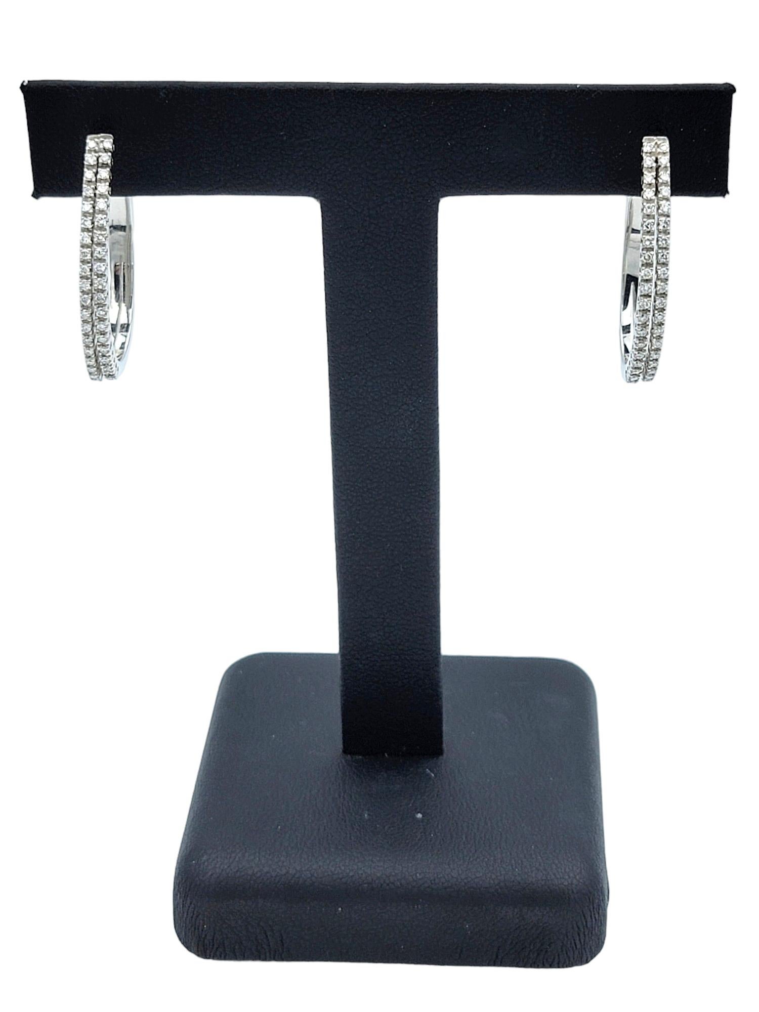 Raima Round Diamond Double Column Oval Hoop Earrings Set in 18 Karat White Gold For Sale 3