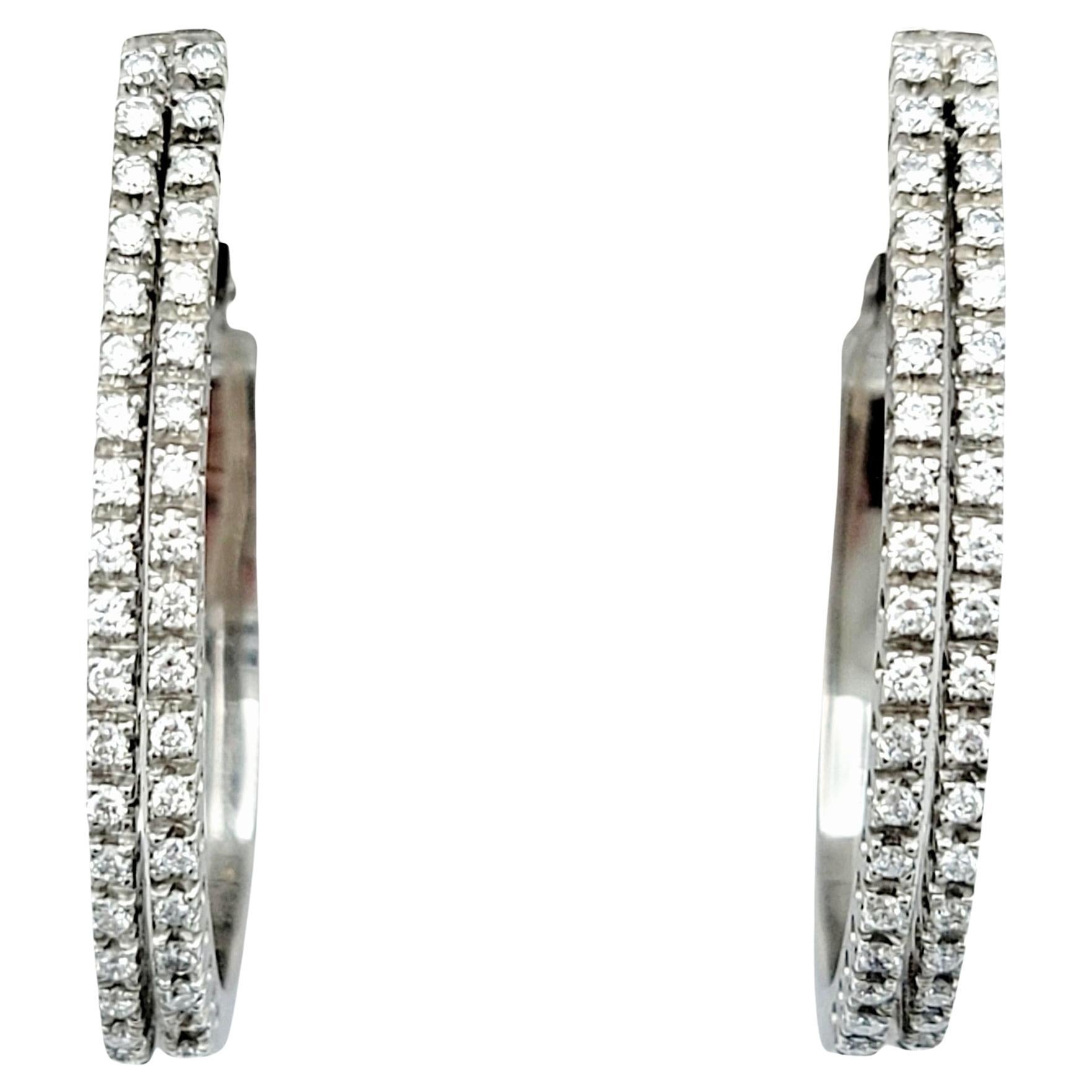 Raima Round Diamond Double Column Oval Hoop Earrings Set in 18 Karat White Gold For Sale