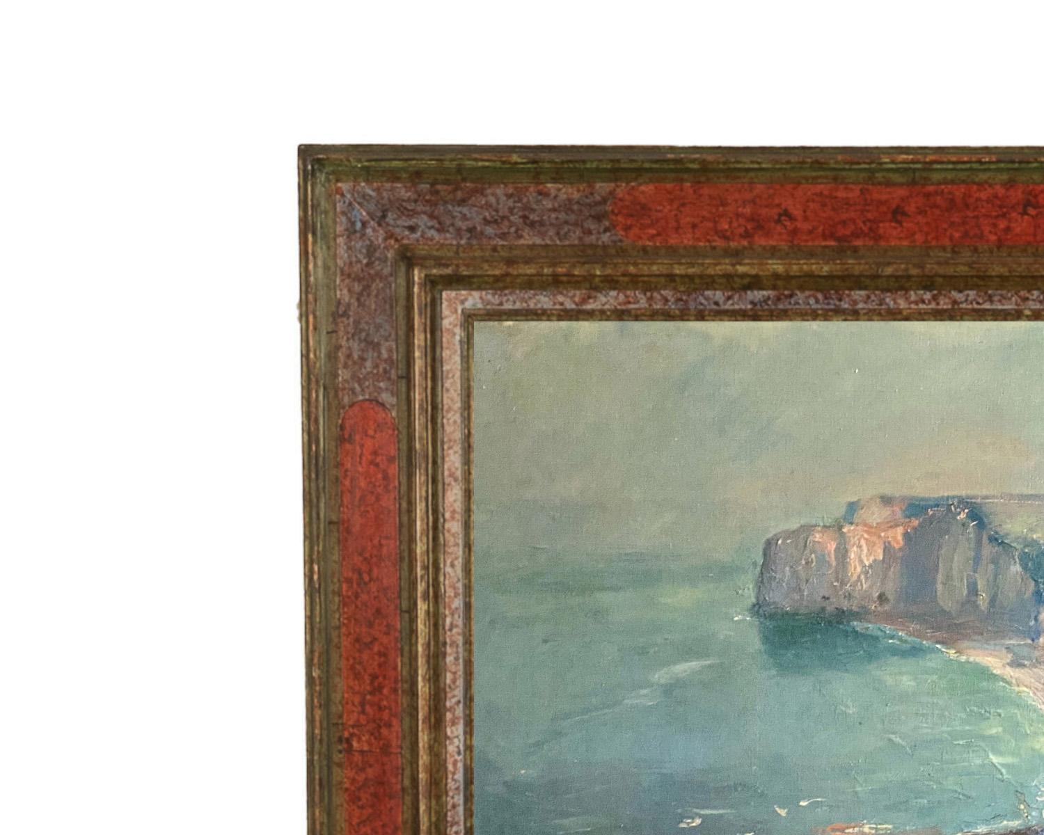 Antique French School Pintura al Óleo Lienzo Acantilados en Etretat Normandía Francia 1910 en venta 5