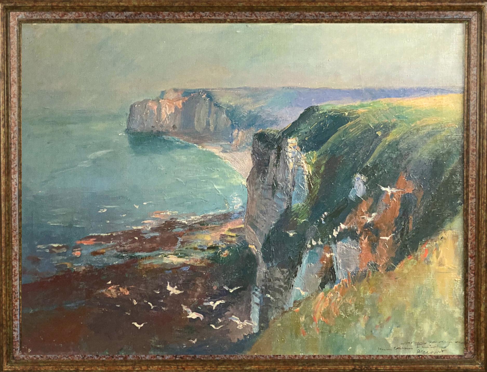 Antique French School Pintura al Óleo Lienzo Acantilados en Etretat Normandía Francia 1910 - Painting de Raimond Louis Lecourt