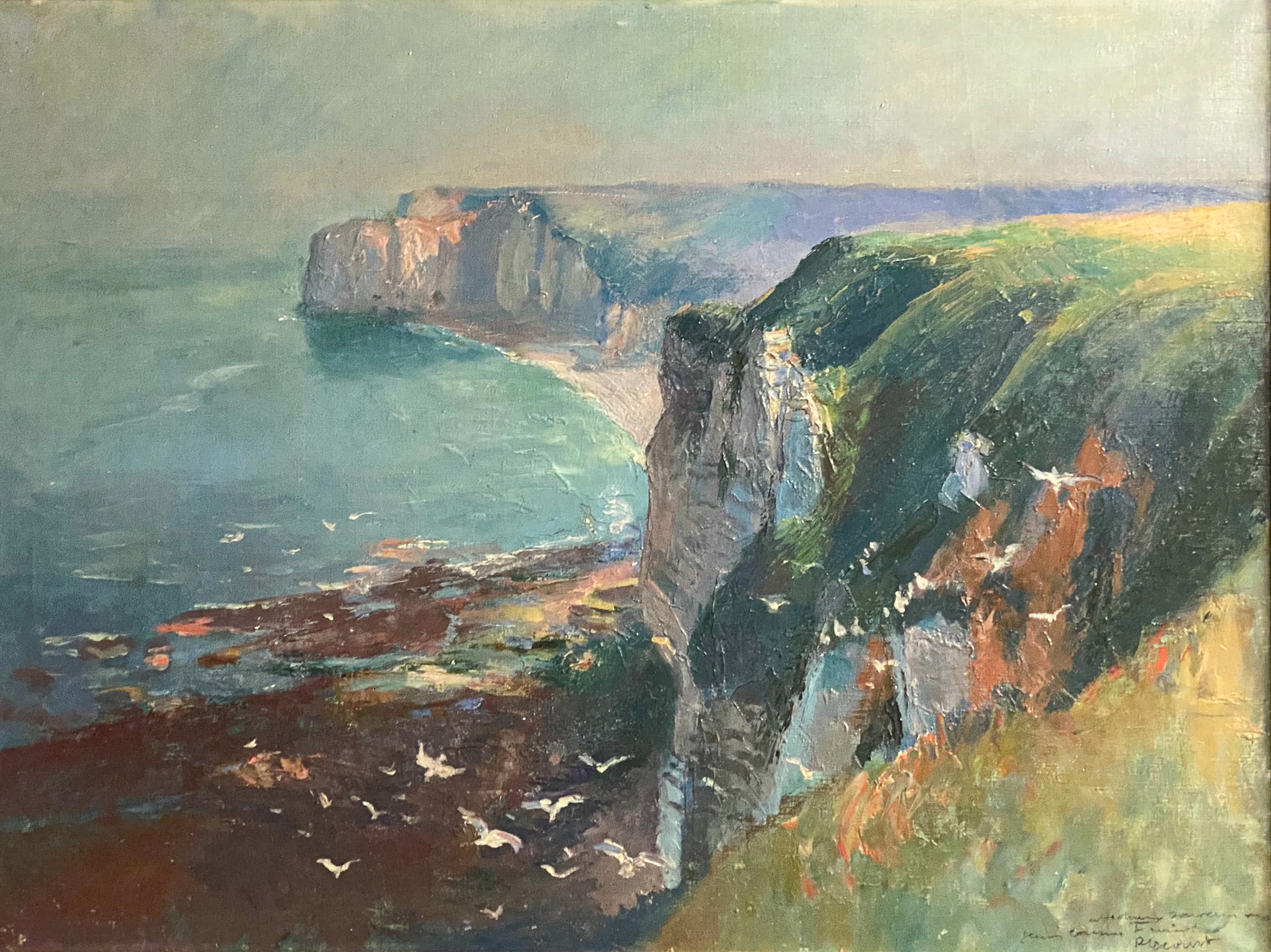 Antique French School Pintura al Óleo Lienzo Acantilados en Etretat Normandía Francia 1910 - Painting Escuela francesa de Raimond Louis Lecourt