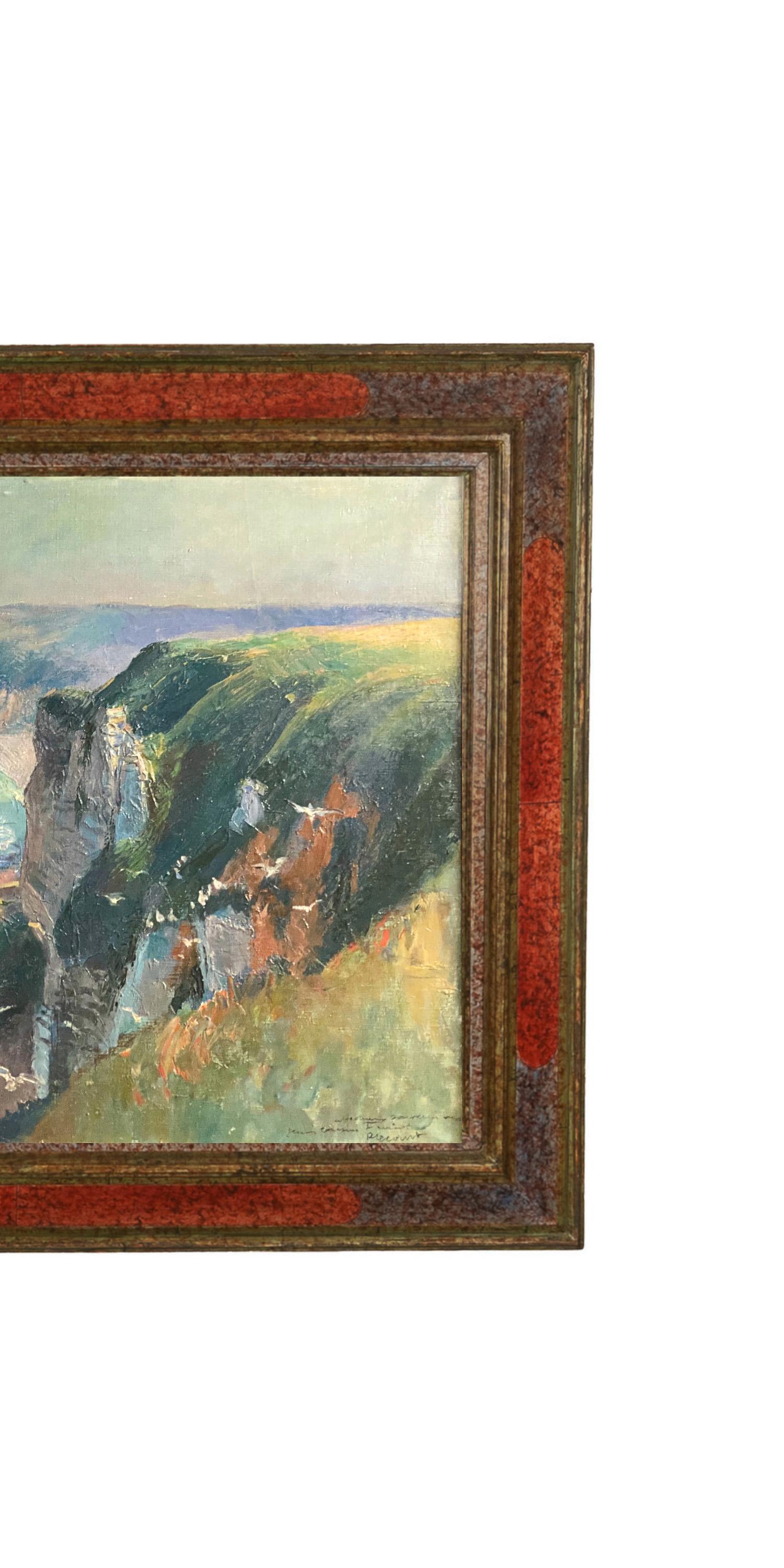 Un óleo antiguo sobre lienzo, fino y grande, de Raimond Louis Lecourt (1882-1946), Los acantilados del océano Atlántico, Etretat, Normandía, Francia, hacia 1910.
Lecourt fue el pintor por excelencia de escenas de la Francia normanda, éste es un