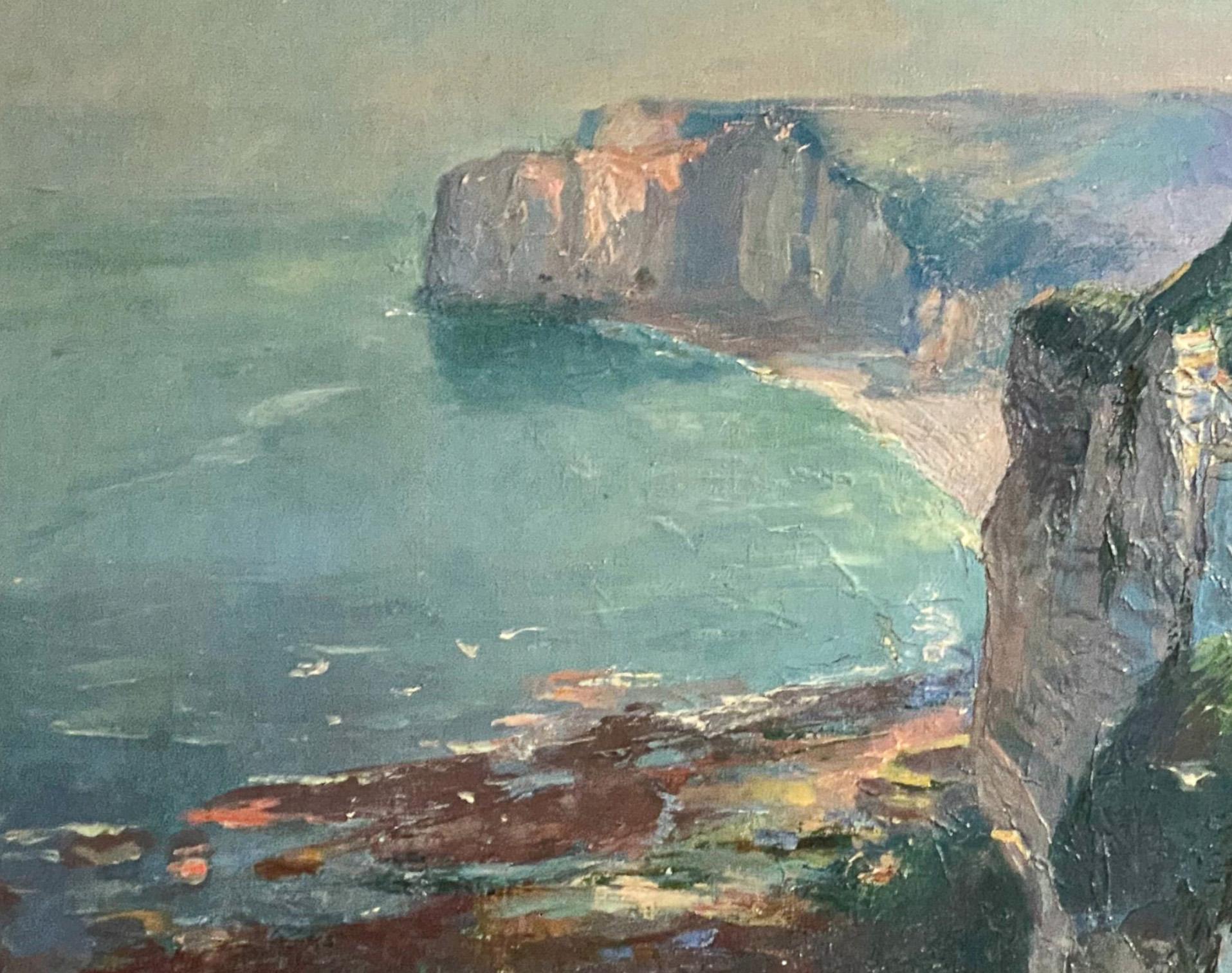 Antique French School Pintura al Óleo Lienzo Acantilados en Etretat Normandía Francia 1910 en venta 3