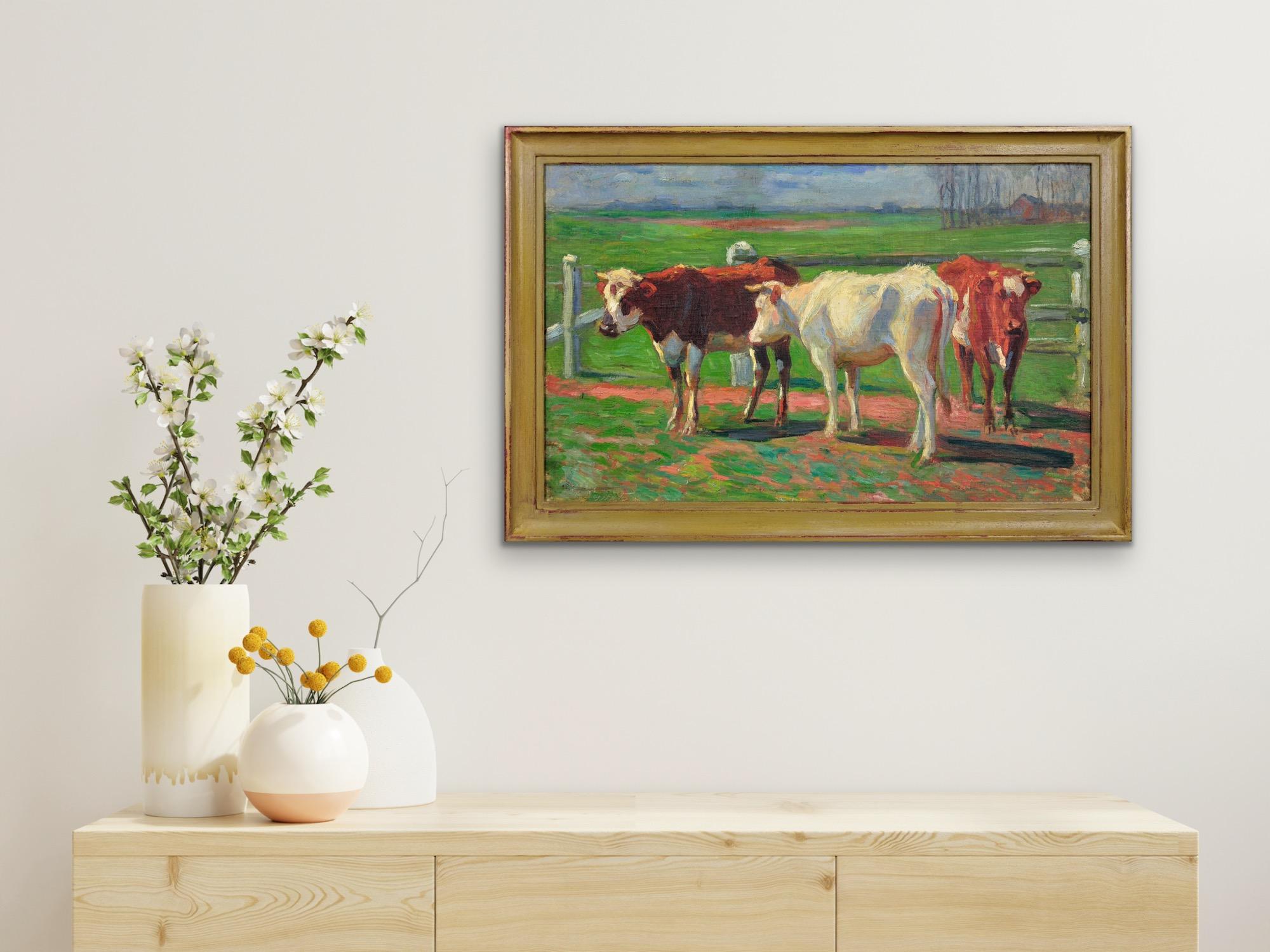 Vaches de Normandie Circa 1910 Encadré Peinture à l'huile sur l'agriculture et l'élevage de style provincial français en vente 12