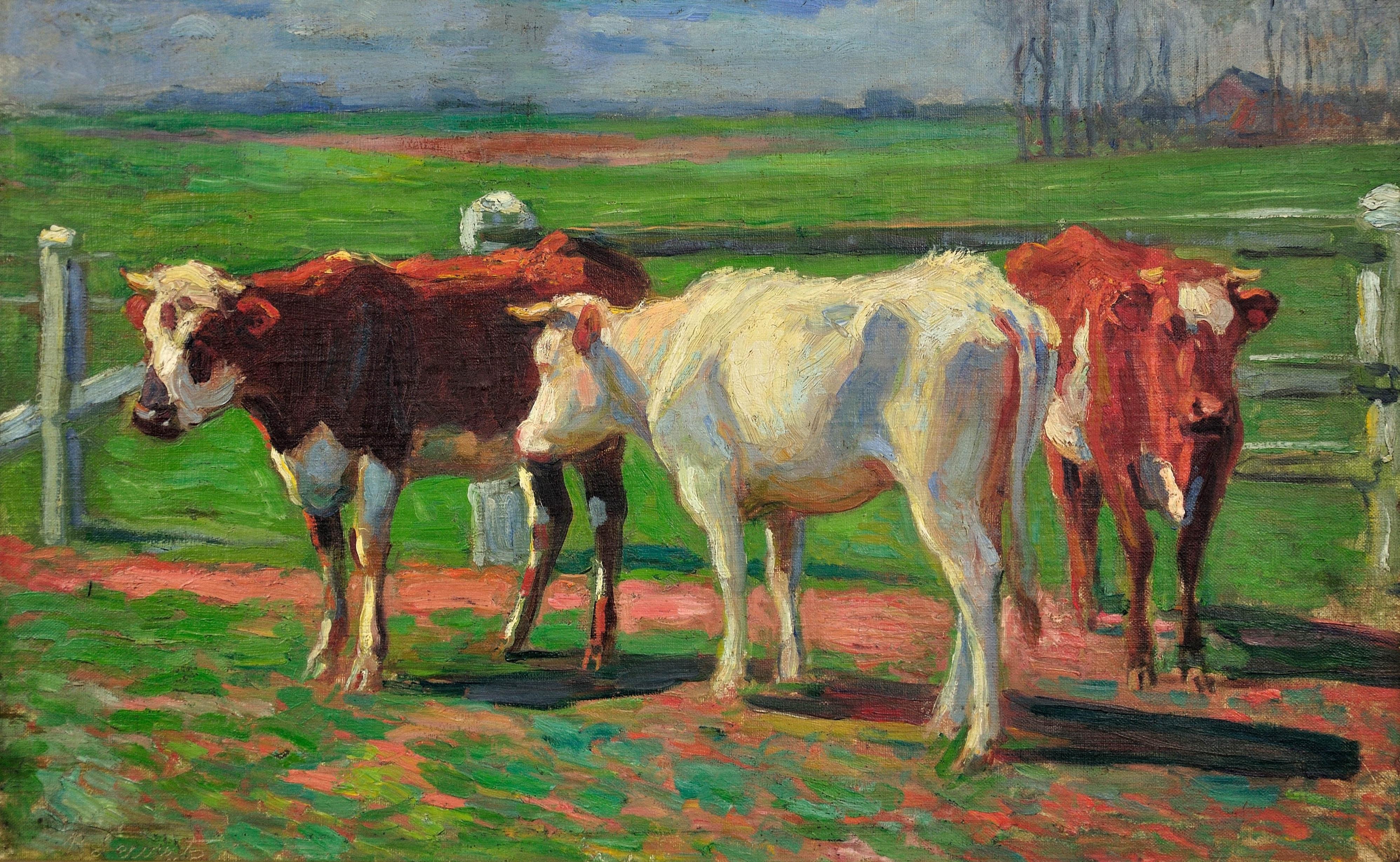 Vaches de Normandie Circa 1910 Encadré Peinture à l'huile sur l'agriculture et l'élevage de style provincial français - Painting de Raimond Louis Lecourt