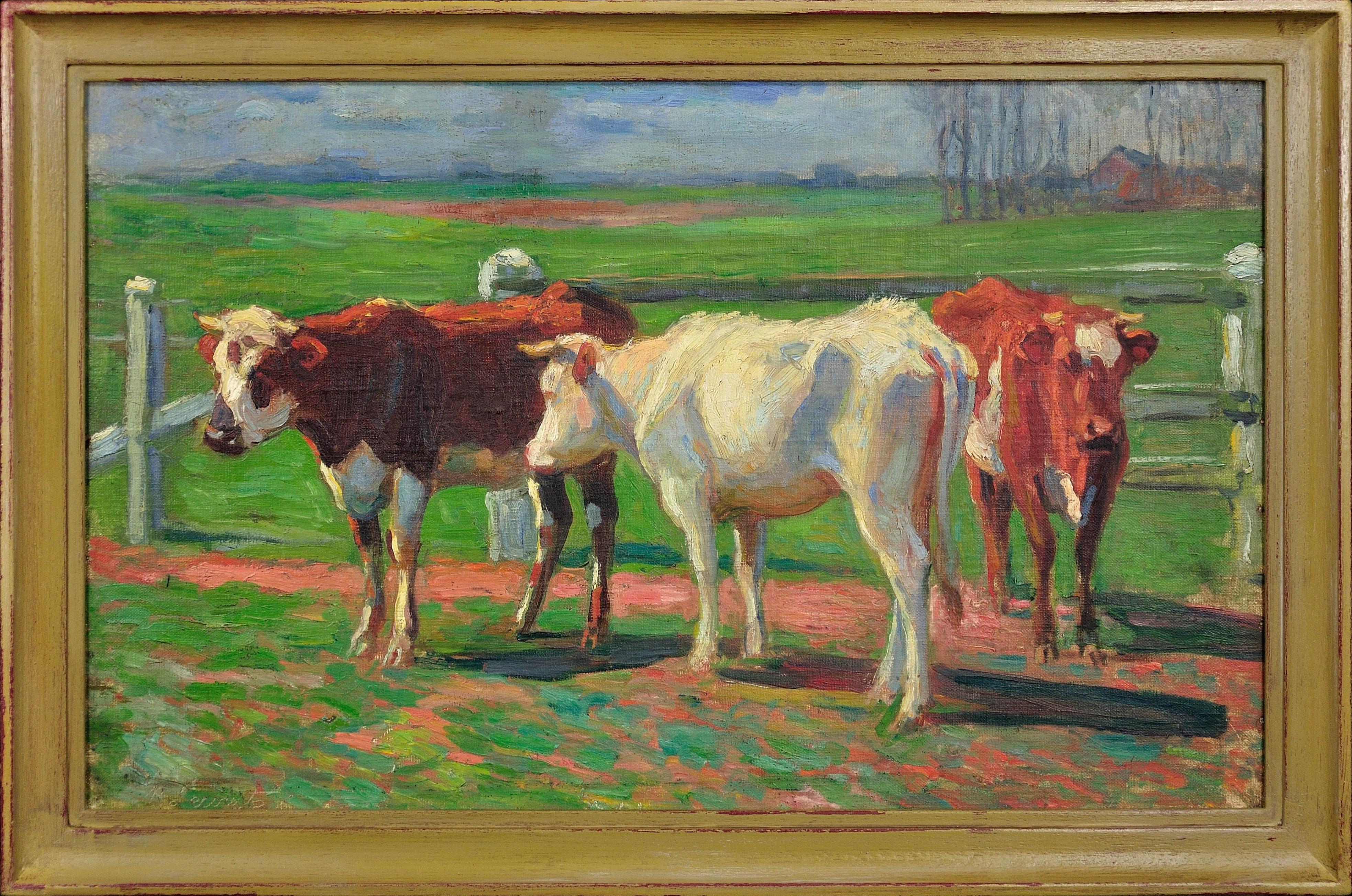 Normandy Cows Circa 1910 Framed French Provincial Farming Livestock Oil Painting