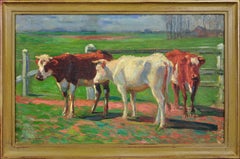 Normandie Kühe CIRCA 1910 Gerahmt Französisch Provincial Landwirtschaft Viehzucht Ölgemälde