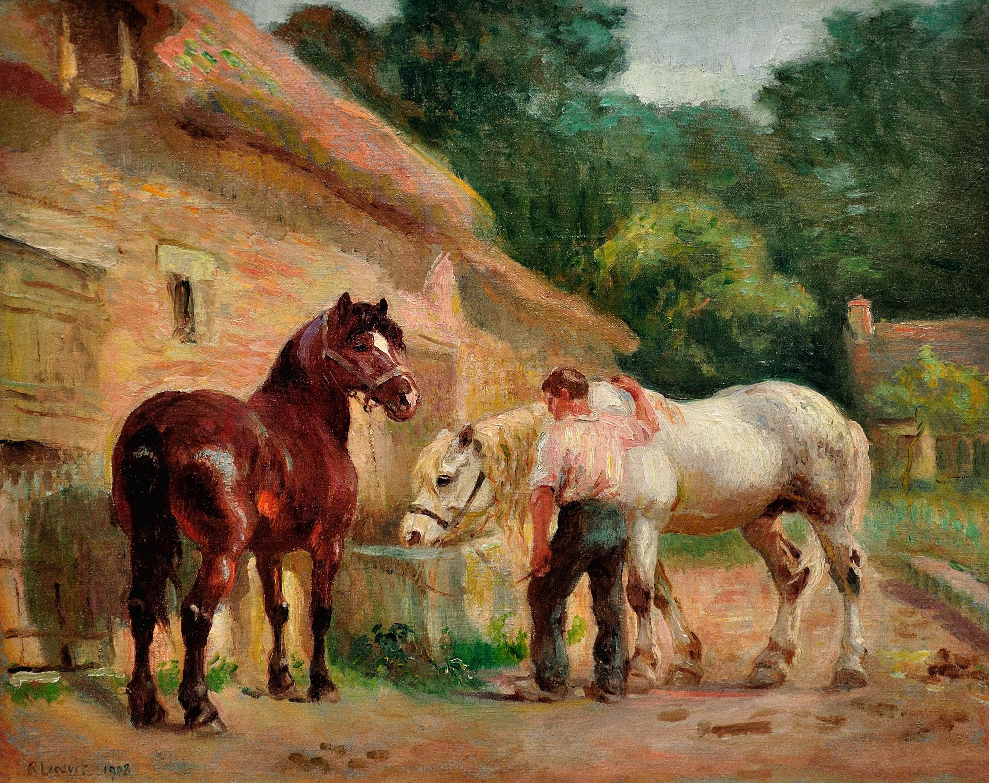 Working Horses At The Trough 1908 Chevaux À L'Abreuvoir French Rural Normandy - Painting by Raimond Louis Lecourt