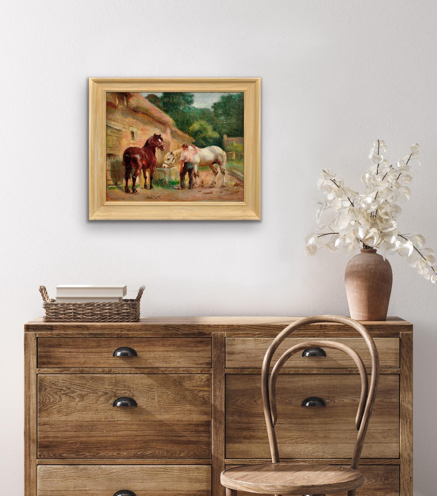Working Horses At The Trough 1908 Chevaux À L'Abreuvoir French Rural Normandy For Sale 3
