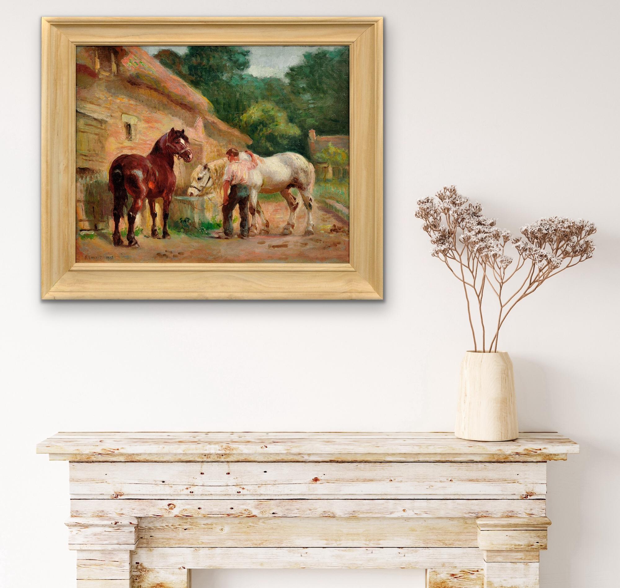 Working Horses At The Trough 1908 Chevaux À L'Abreuvoir French Rural Normandy For Sale 4