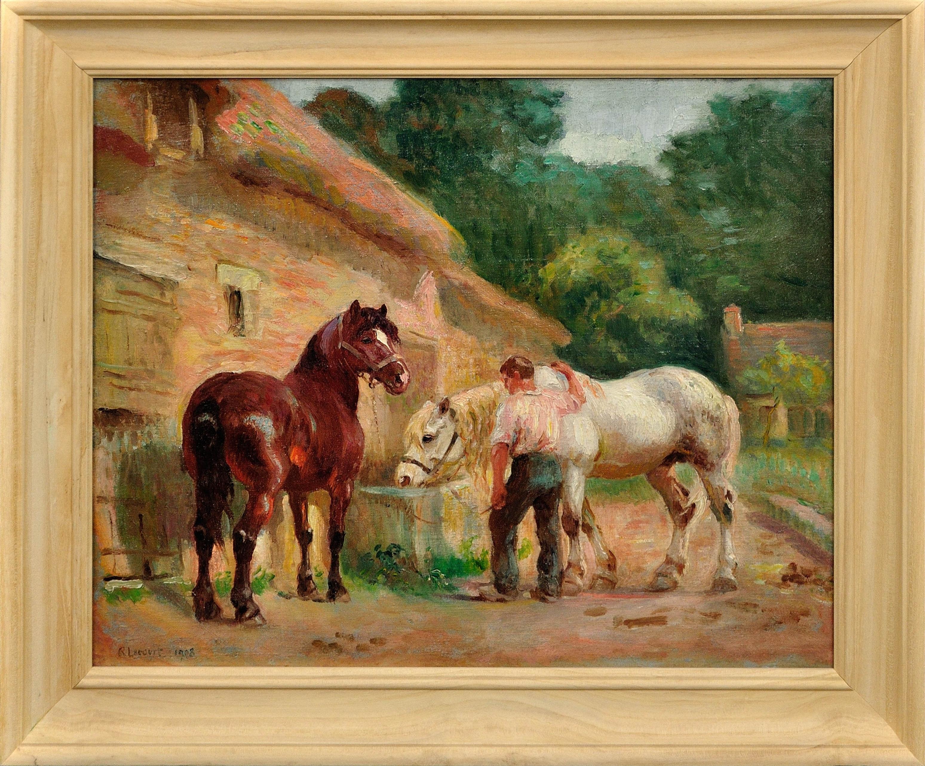 Cavalli da lavoro all'abbeveratoio 1908 Chevaux À L'Abreuvoir Francia rurale Normandia
