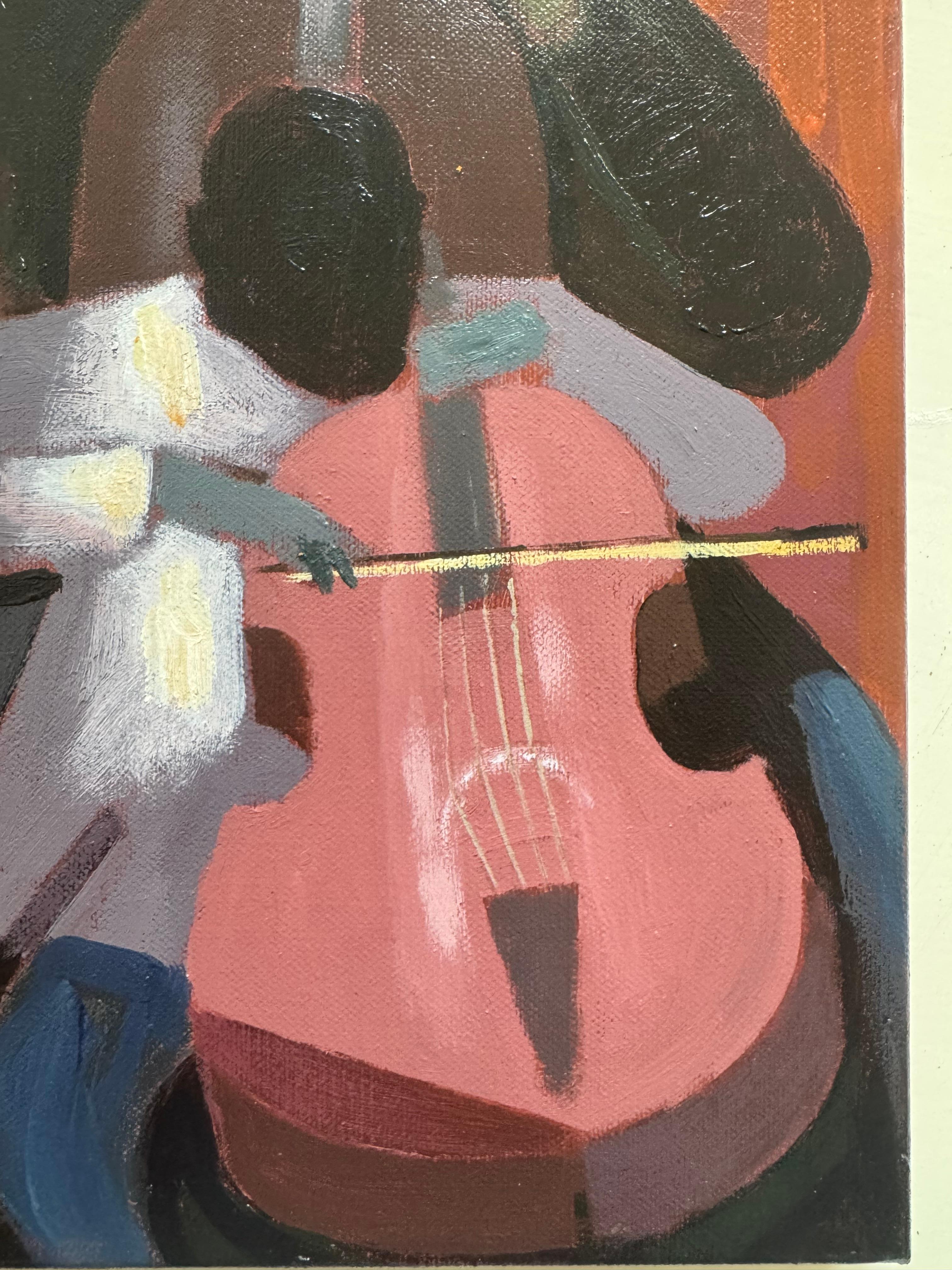 Peinture acrylique d'un peintre lituanien établi - commentaires culturels - musique - Marron Figurative Painting par Raimondas Gailiunas 