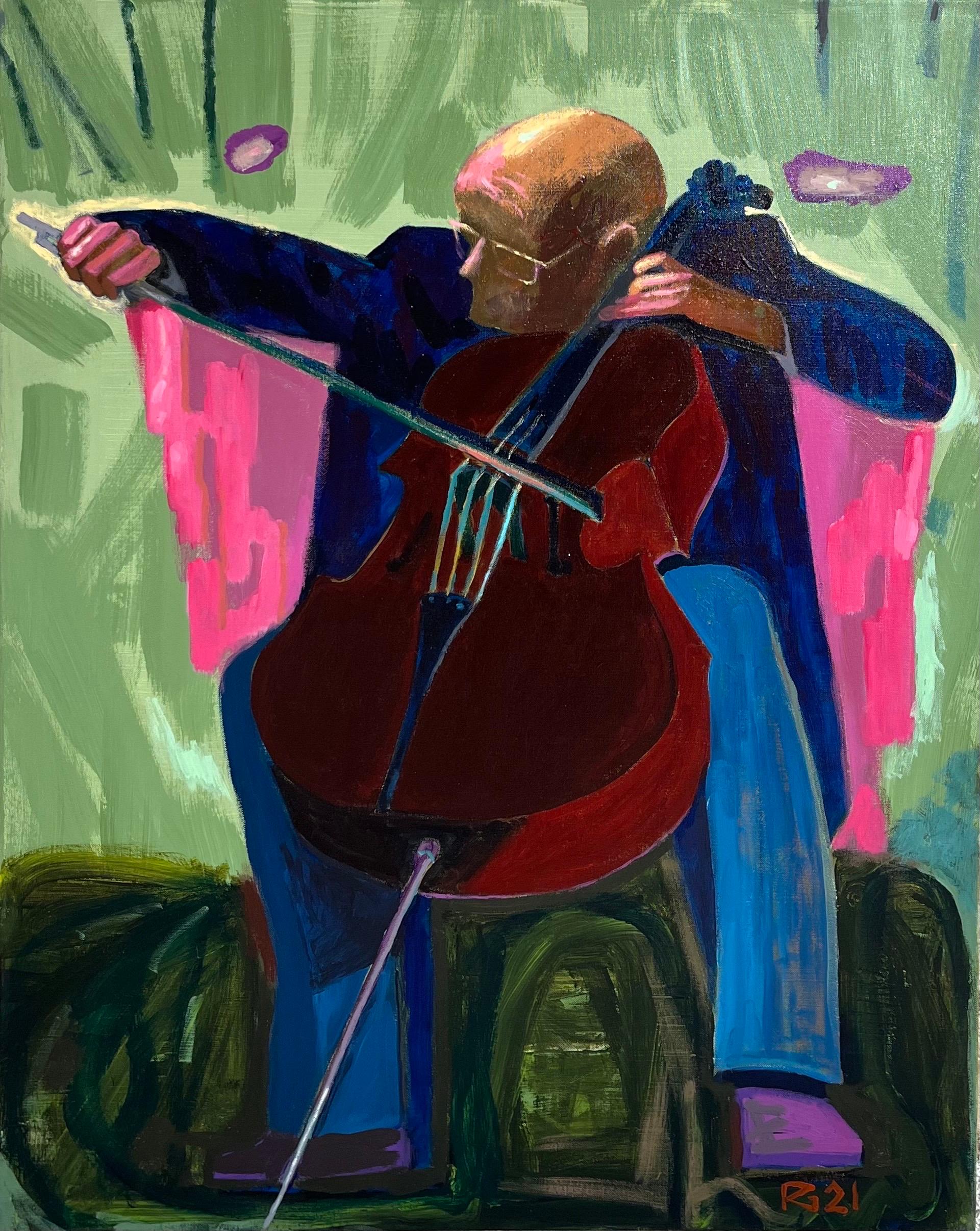 Acrylgemälde eines Geigenspielers in lebhaften Farben. Musik und Ausdruck – Painting von Raimondas Gailiunas