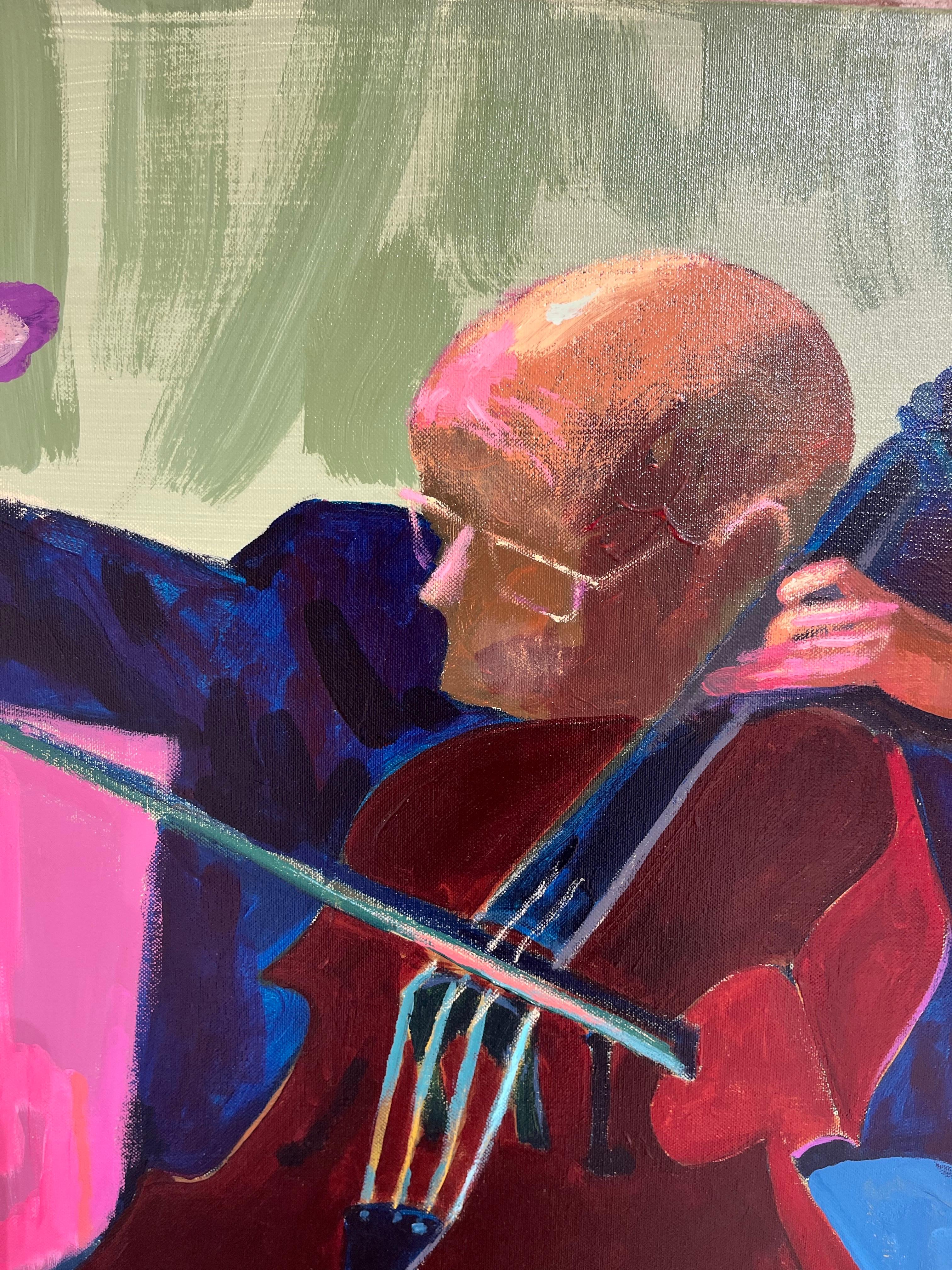 Acrylgemälde eines Geigenspielers in lebhaften Farben. Musik und Ausdruck (Schwarz), Figurative Painting, von Raimondas Gailiunas