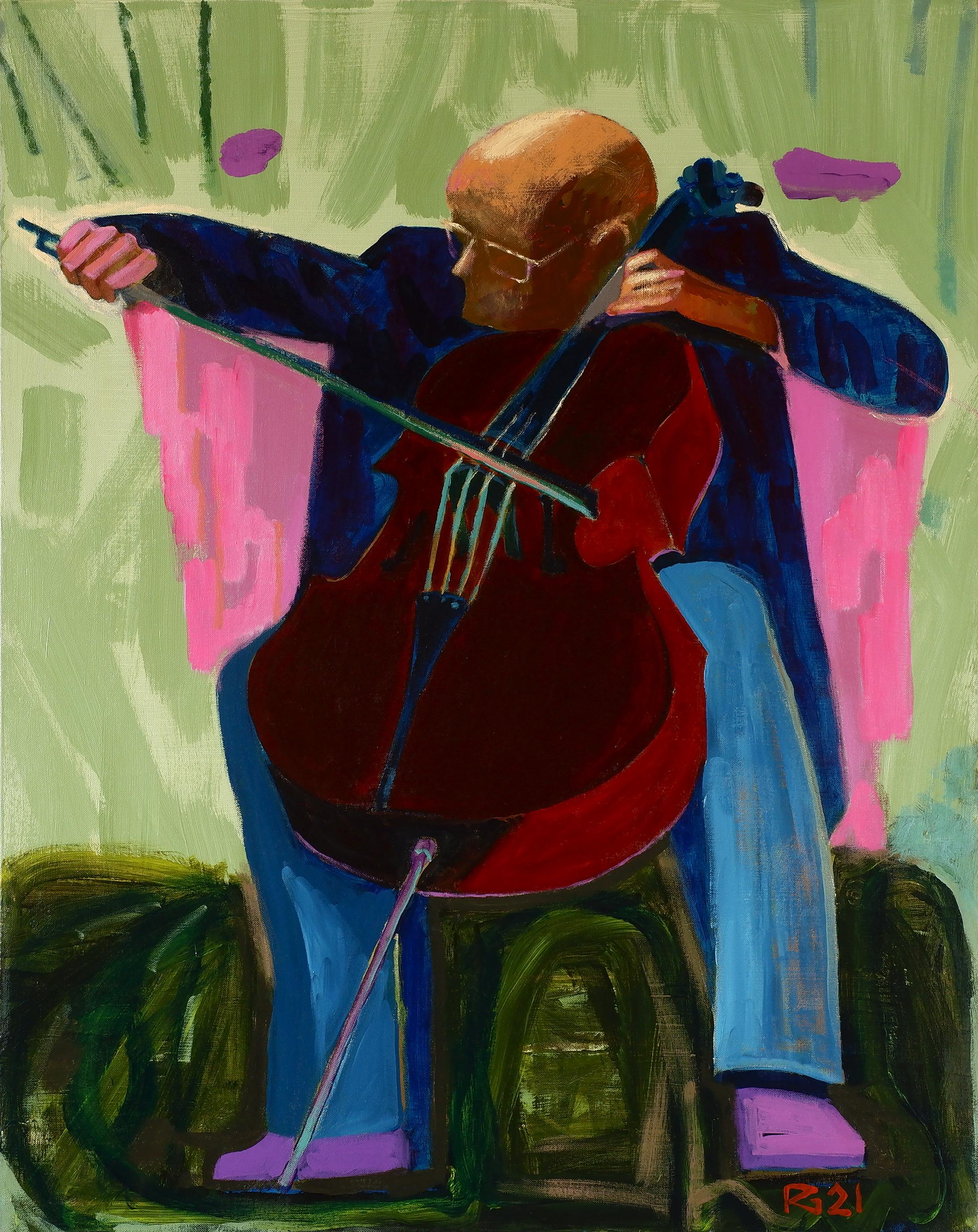 Acrylic Painting by Violin Player in Vivid Colours. Music and Expression