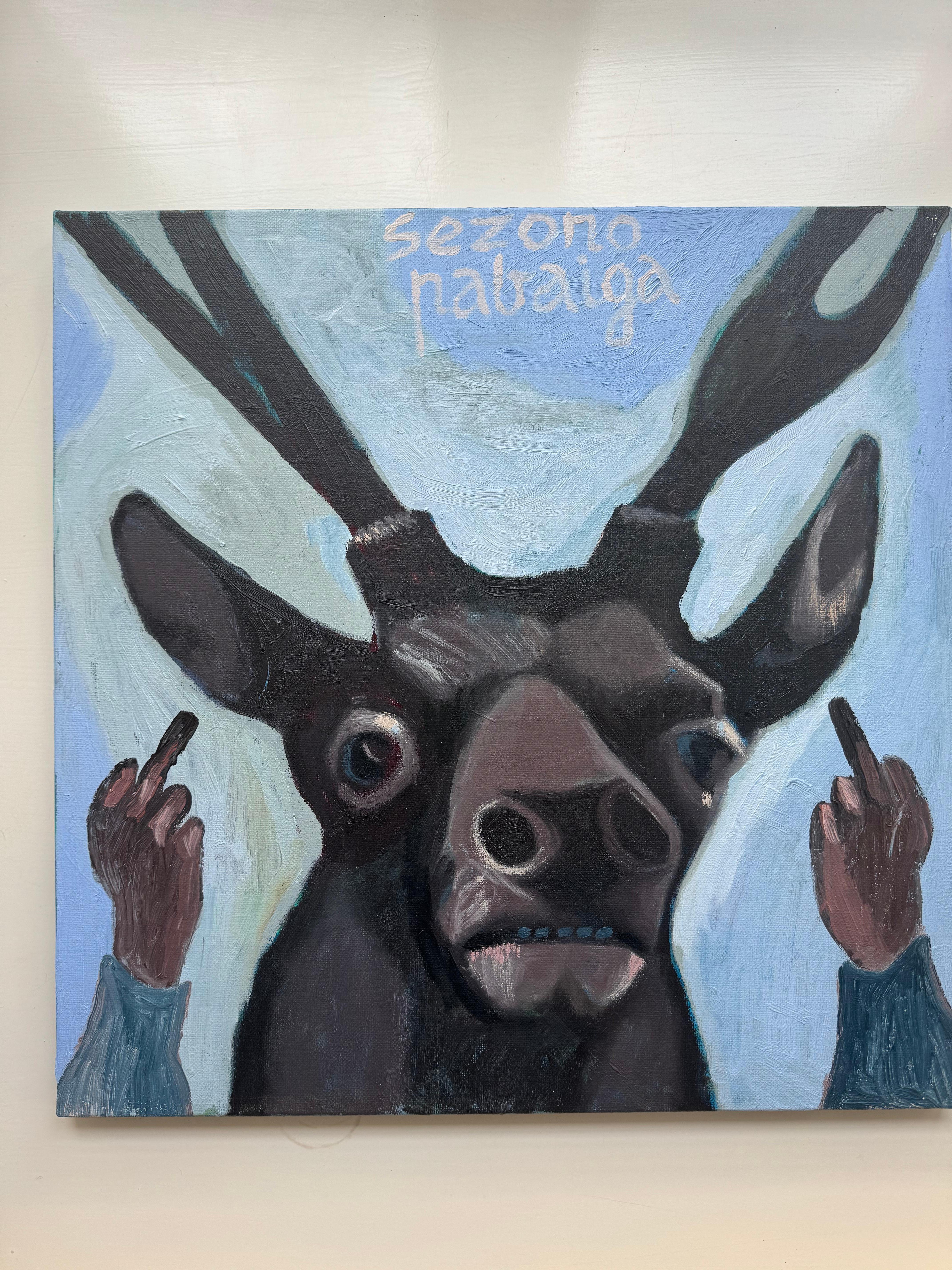 Oil on canvas painting by established Lithuanian artist  - Fun - Fauna - Painting by Raimondas Gailiunas
