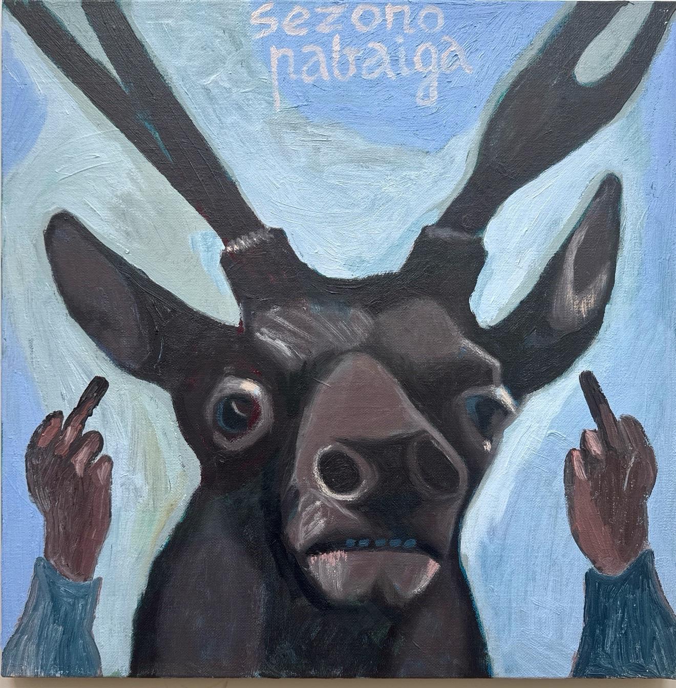 Raimondas Gailiunas Figurative Painting - Oil on canvas painting by established Lithuanian artist  - Fun - Fauna