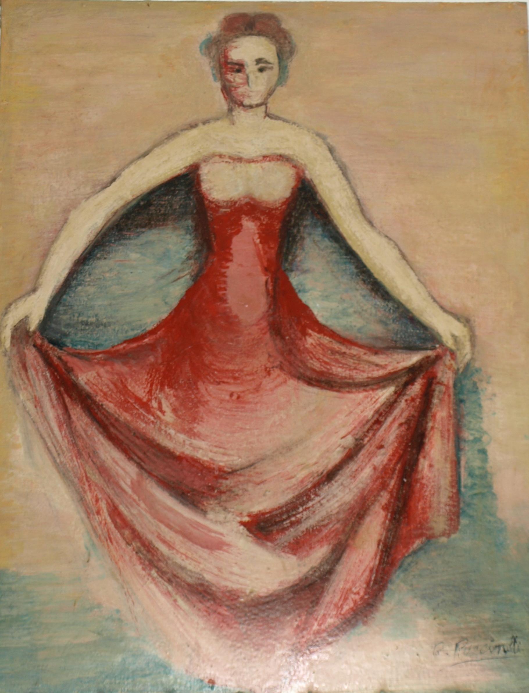 Raimondo Puccinelli Figurative Painting - Modern Dance Female Dancer in Red Dress Jazz - oil paint on board circa 1950s