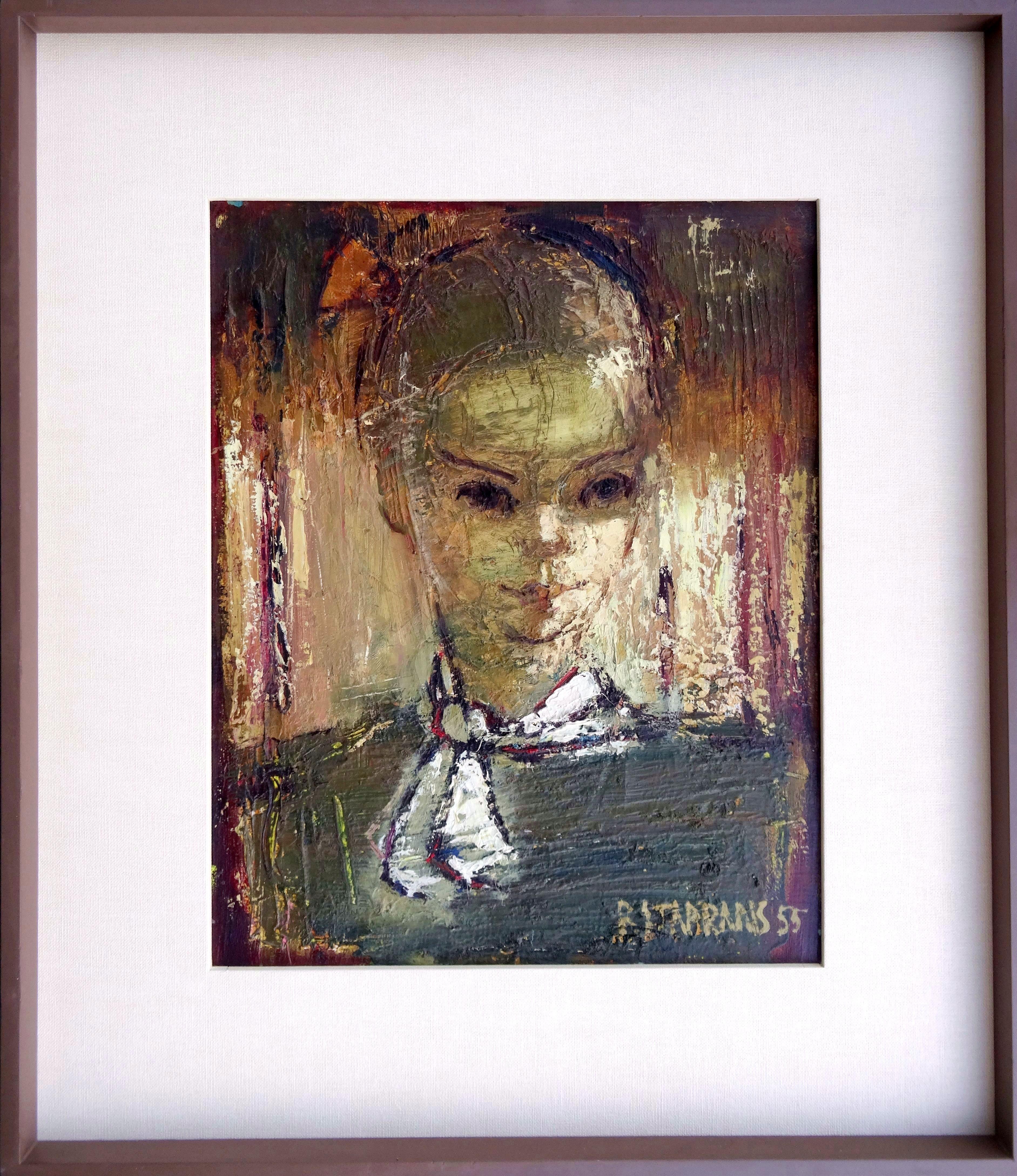 Woman portrait. 1955, oil on canvas, 50.8 x 40.6 cm - Expressionist Painting by Raimonds Staprаns 