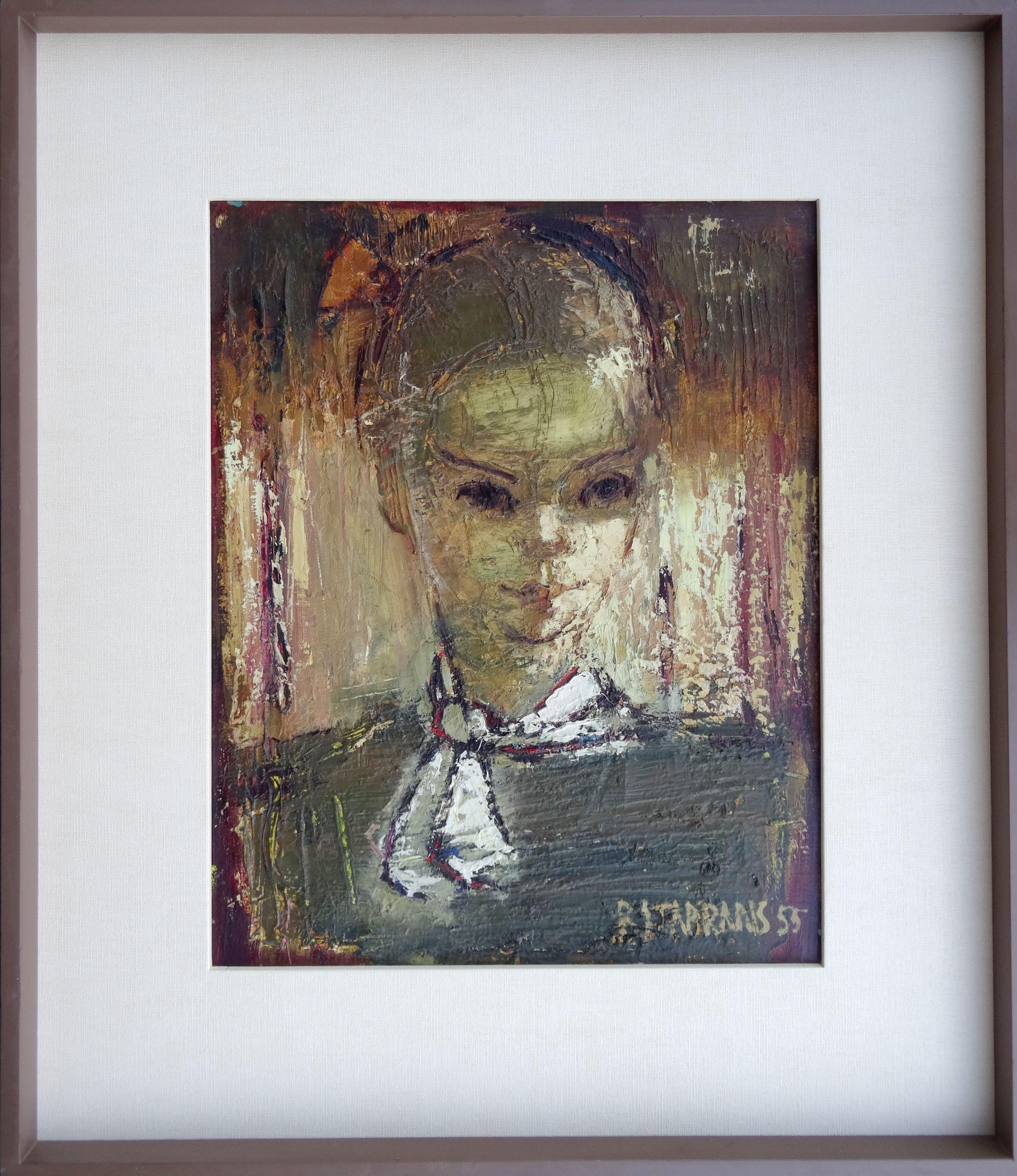 Woman portrait. 1955, oil on canvas, 50.8 x 40.6 cm - Impressionist Painting by Raimonds Staprаns 