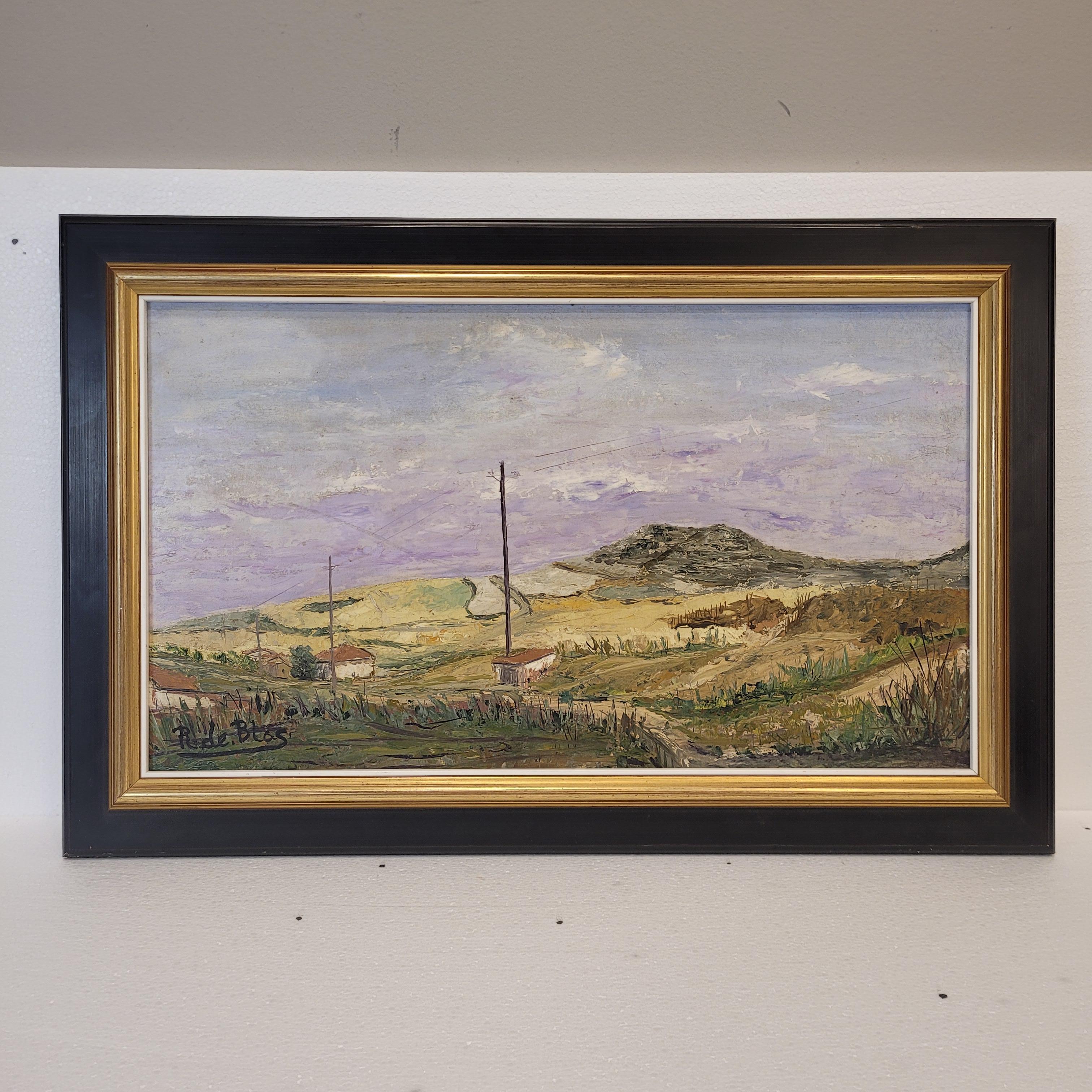 Ein schönes und ausgezeichnetes Öl auf Leinwand, das eine kastilische Landschaft darstellt, signiert von Raimundo de Blas. Raimundo de Blas (Mucientes, 1910-1975) war ein in Mucientes, Valladolid, geborener Dichter und Maler, der für seine
