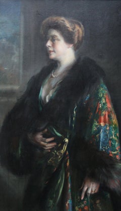 Portrait of a Lady in a Fur Lined Gown - Spanish Edwardian Realist oil painting
