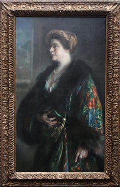 Portrait of a Lady in a Fur Lined Gown - Spanish Edwardian Realist oil painting 