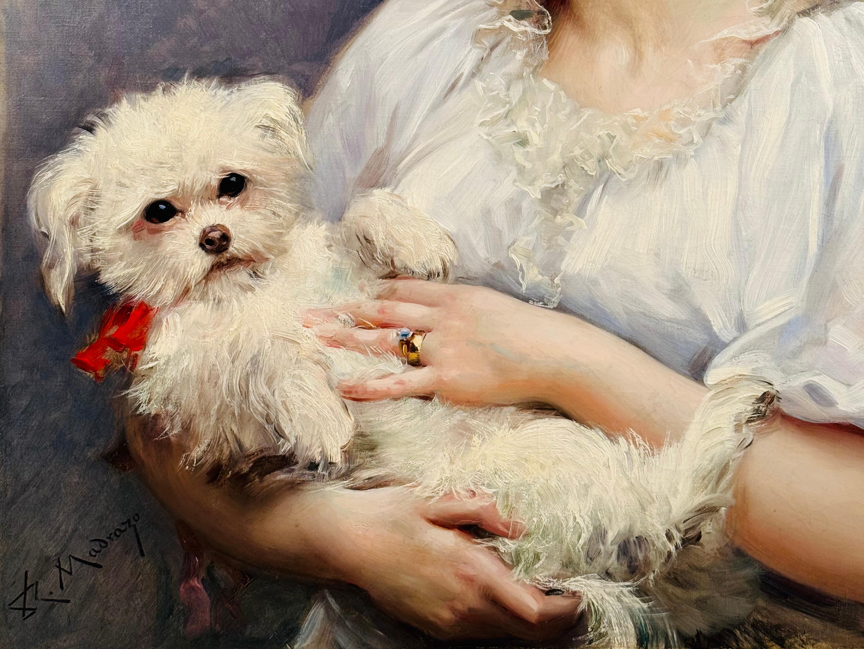 Aline avec son perroquet - Marron Figurative Painting par Raimundo de Madrazo y Garreta