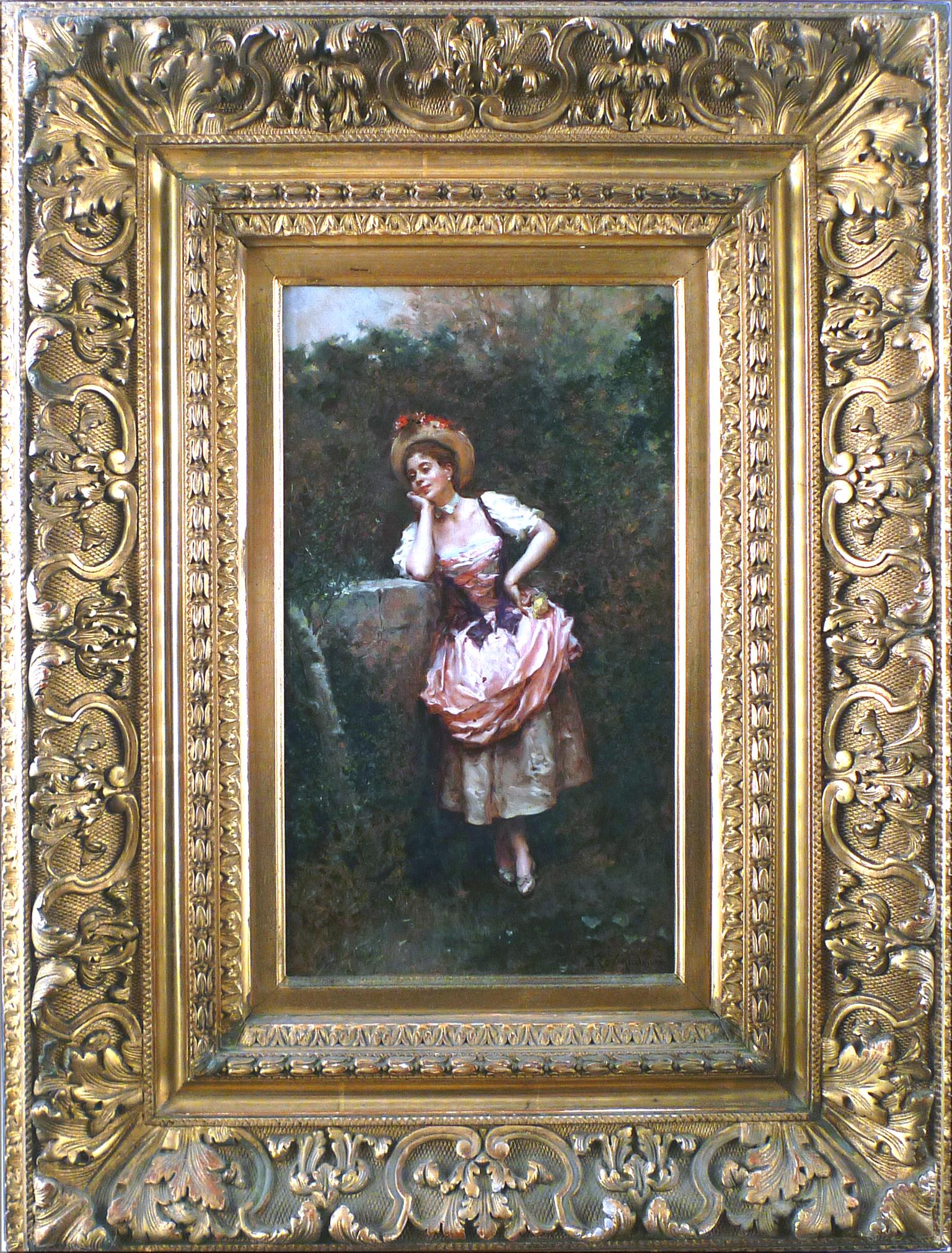 "Aline in The Garden", 19th Century Oil on Wood Panel by Raimundo de Madrazo