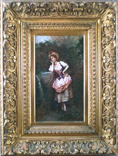 Antique "Aline in The Garden", 19th Century Oil on Wood Panel by Raimundo de Madrazo